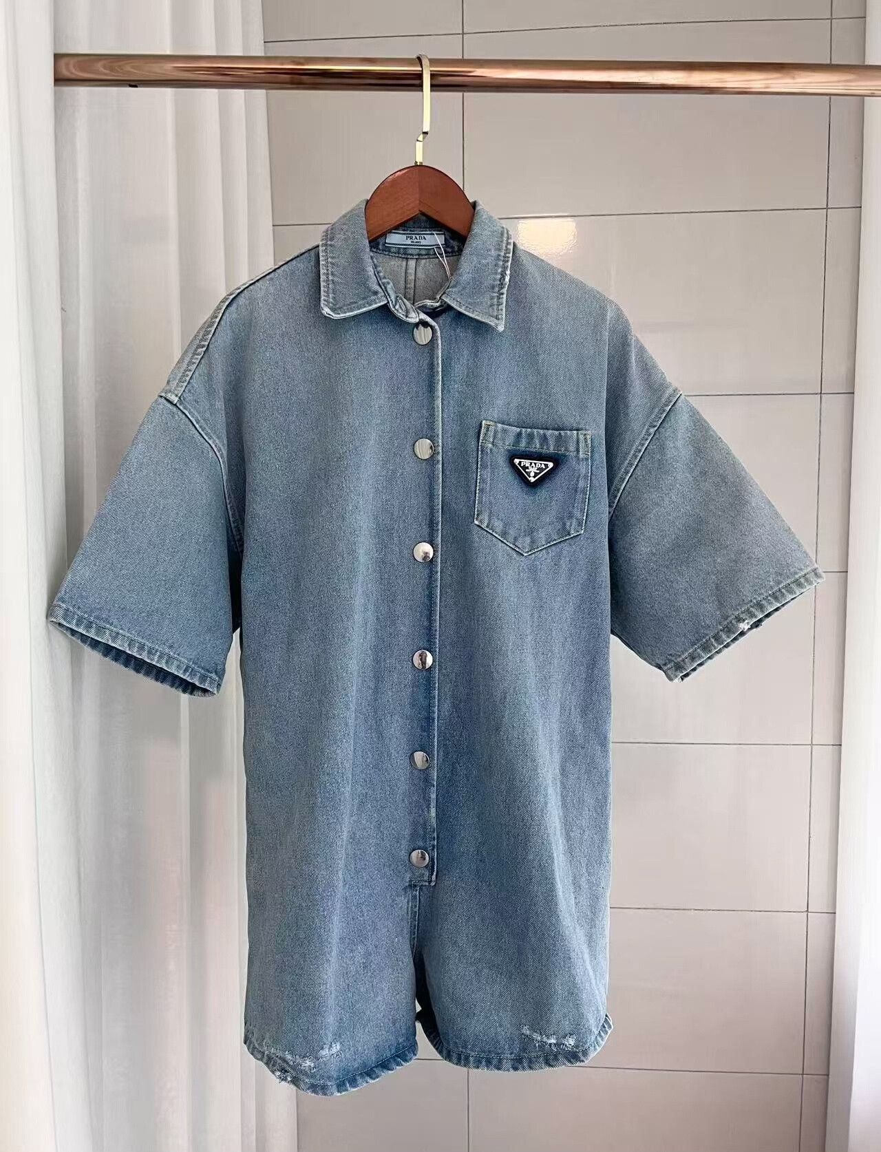 Prada Short-Sleeve Triangle Logo Denim Jumpsuit
