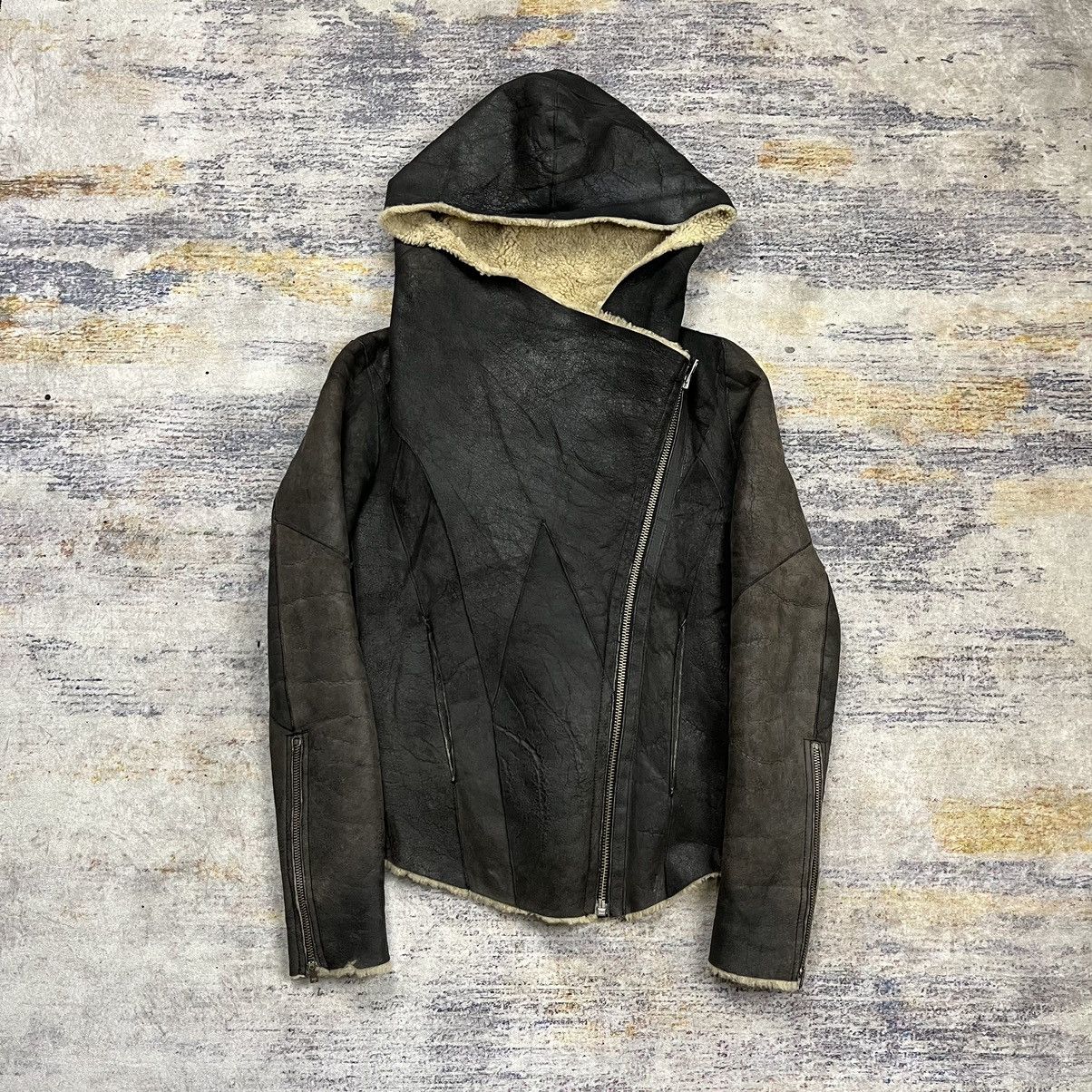 Helmut lang asymmetric hooded shearling leather jacket