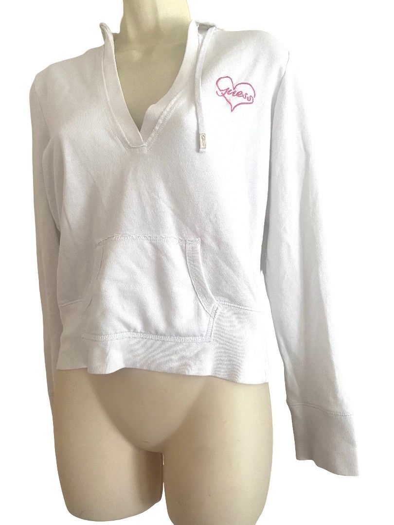 Guess 📣 Vintage Guess Jeans Cropped Hoodie White Y2K Sweatshirt L Size L / US 10 / IT 46 - 2 Thumbnail