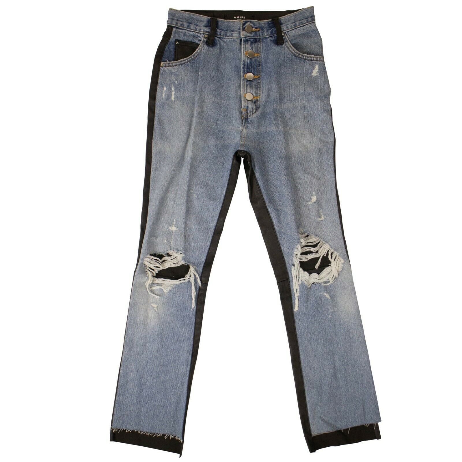 image of Amiri Blue Denim Black Leather Pants Size 26, Women's