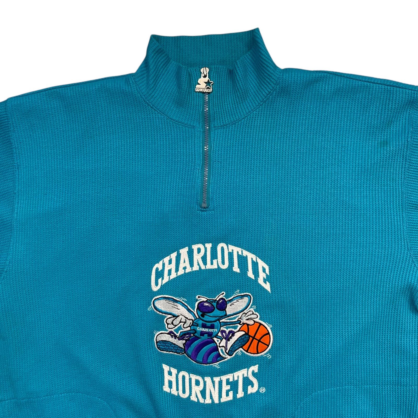 NBA × Starter × Vintage 90s CHARLOTTE HORNETS HALF ZIP WAFFLE SWEATSHIRT TEAL Size US L / EU 52-54 / 3 - 2 Thumbnail