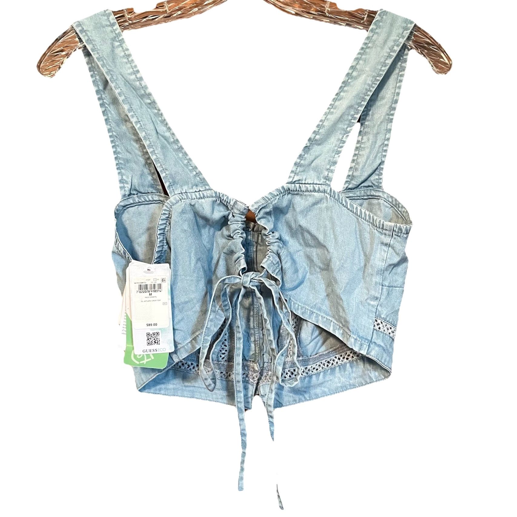 Guess GUESS Chambray Eco Women’s Sleeveless Jaylani Crop Top M NWT Adjustable Back Shirt Womens Crop Top Summer Boho 70s Fashion (Blue) Size M / US 6-8 / IT 42-44 - 4 Thumbnail