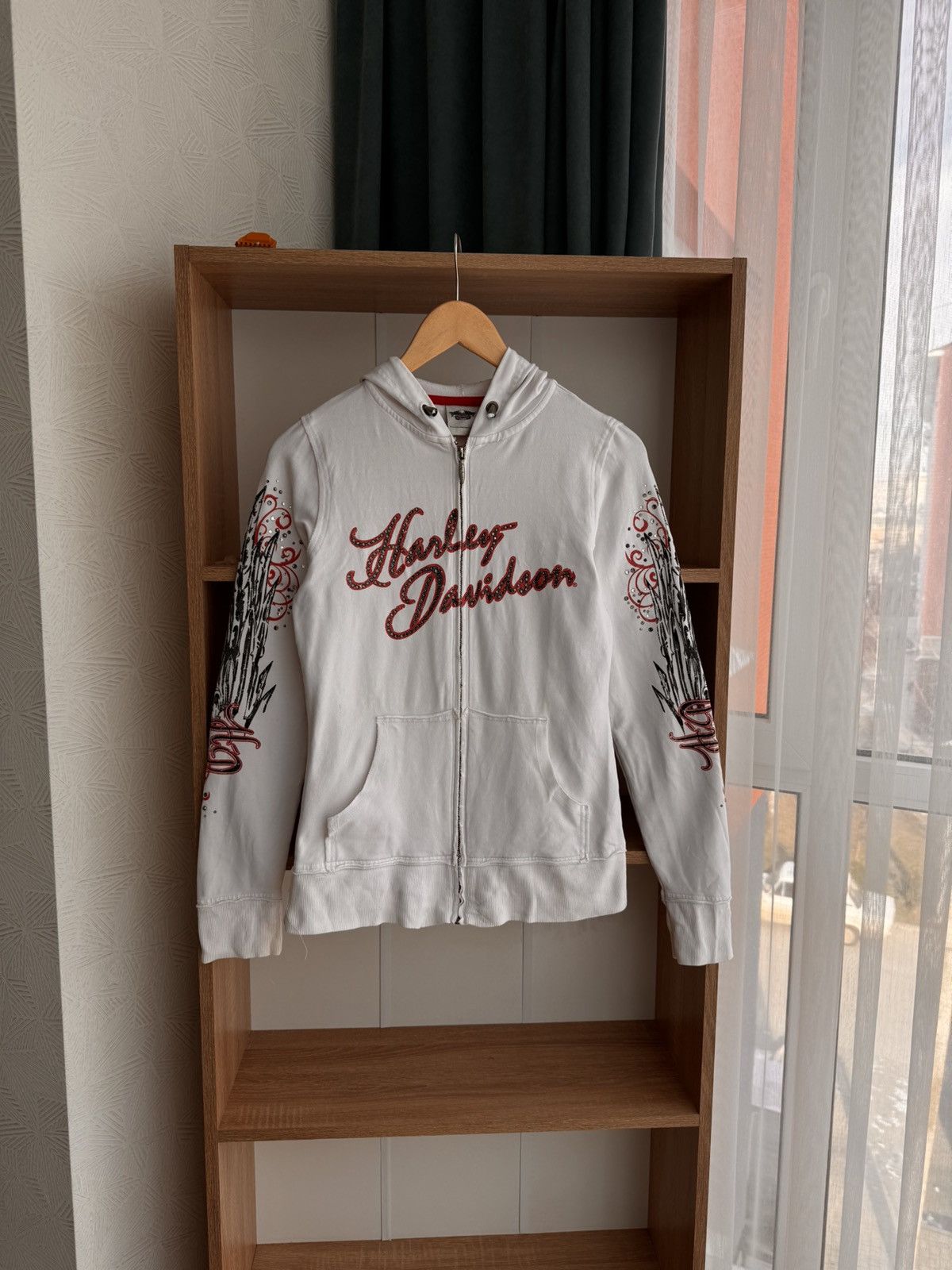 Vintage Harley Davidson Rhinestone Tattoo Logos White Hoodie