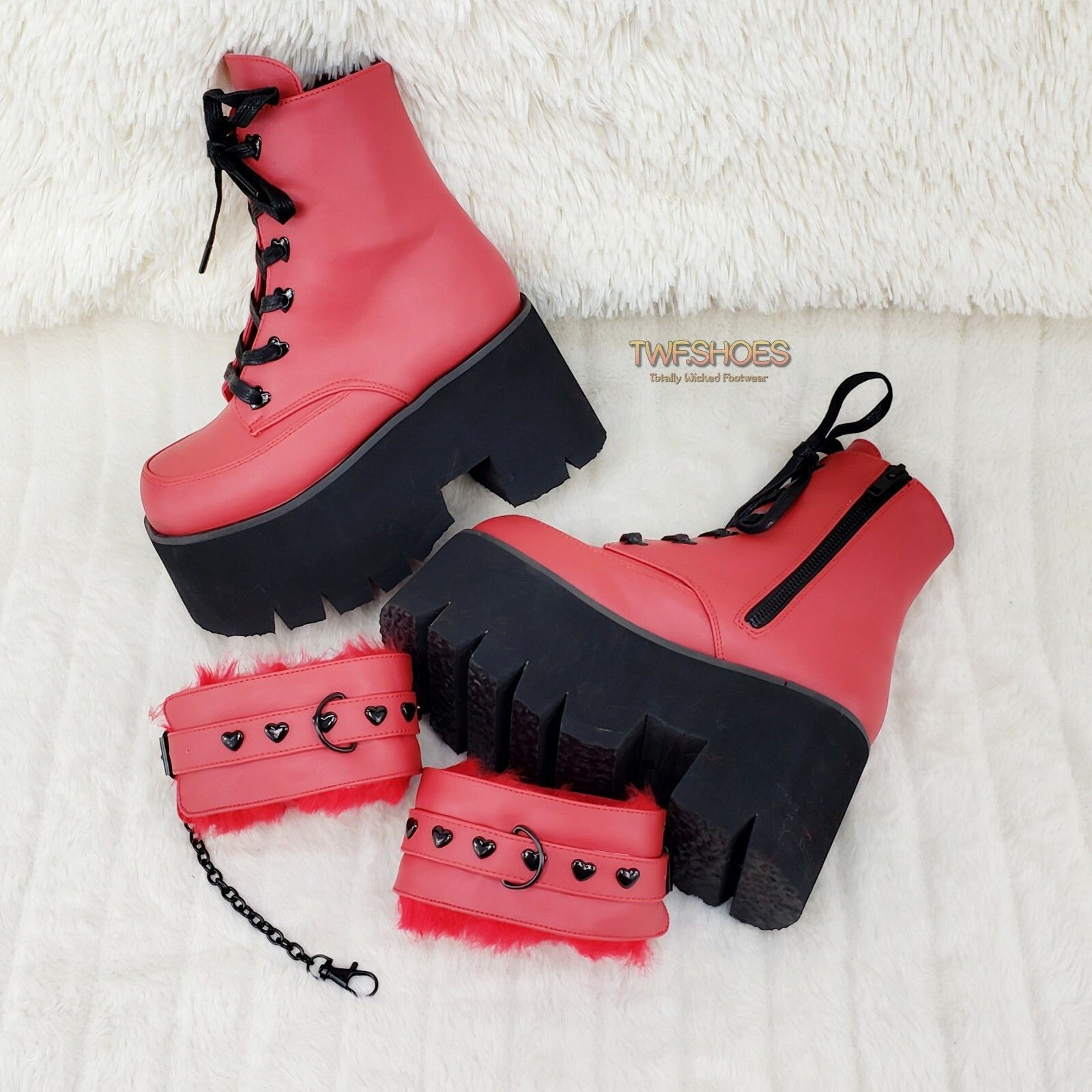 Other Ashes 57 RED Heart Studs 3.5" Platform Goth Boots Fur Lined Size US 10 / IT 40 - 9 Thumbnail