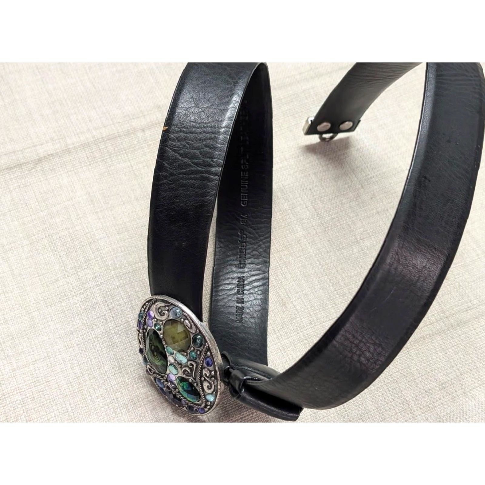 Vintage Chicos black leather belt rhinestone gem-stone insets one size 22-36 Women Size ONE SIZE - 2 Thumbnail