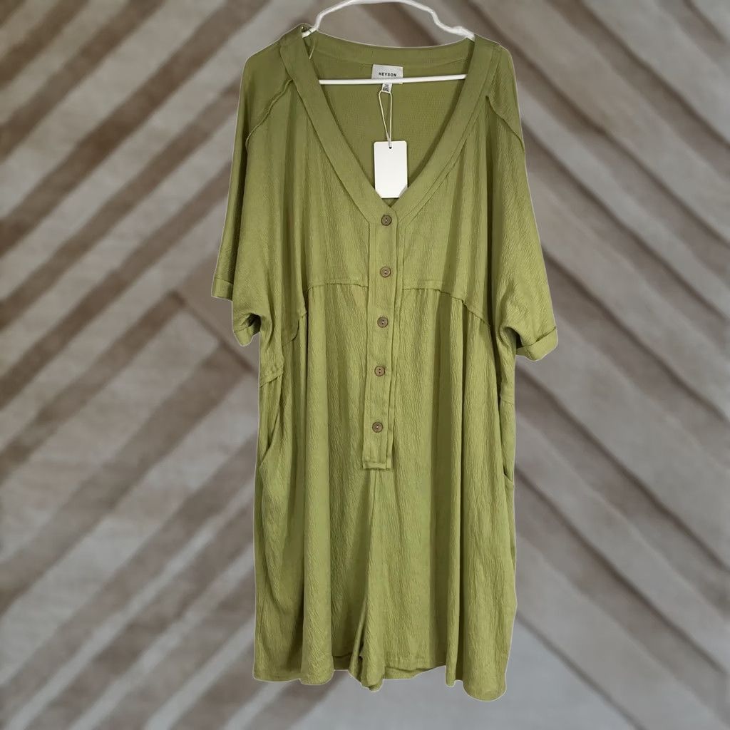Vintage HEYSON Oversized V Neck Button Front Textured Midi Dress 3XL Olive Green Size XXL / US 16-18 / IT 52-54 - 1 Thumbnail