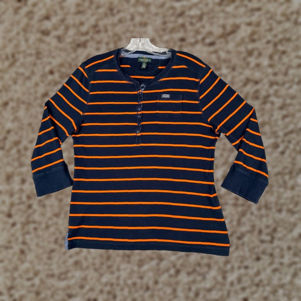 CO Lauren Jeans Co Shirt Women XL Blue Orange Stripe 3/4 Sleeve Cotton Henley Casual Striped Womens Size XL / US 12-14 / IT 48-50 - 1 Thumbnail