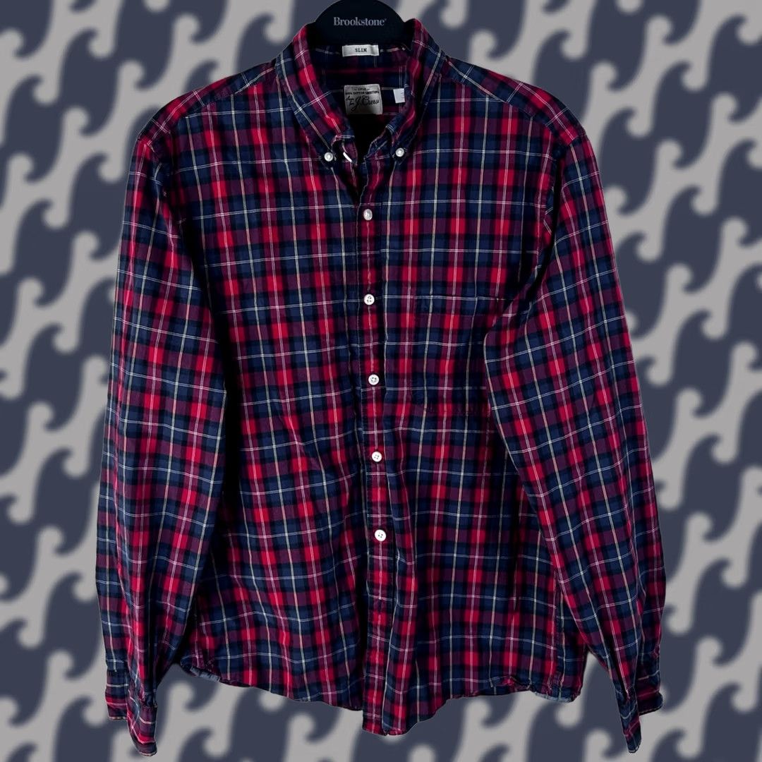 J.Crew VINTAGE J.CREW Mens Slim Plaid Button-Down Shirt Red Navy Blue Cotton M Size US M / EU 48-50 / 2 - 1 Thumbnail