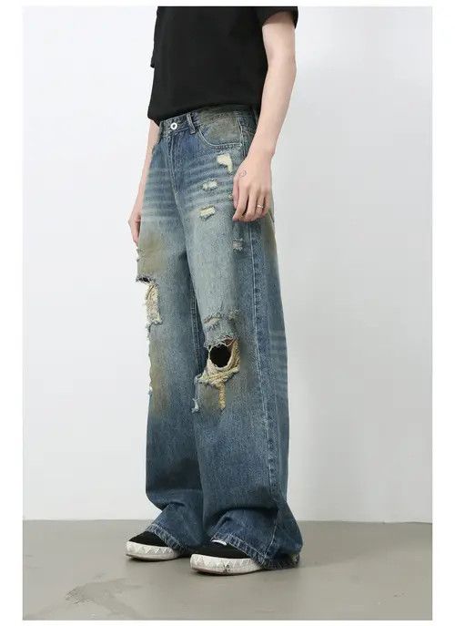 VIBE Men's loose straight retro all-match wide-leg ripped jeans Size US 32 / EU 48 - 3 Thumbnail