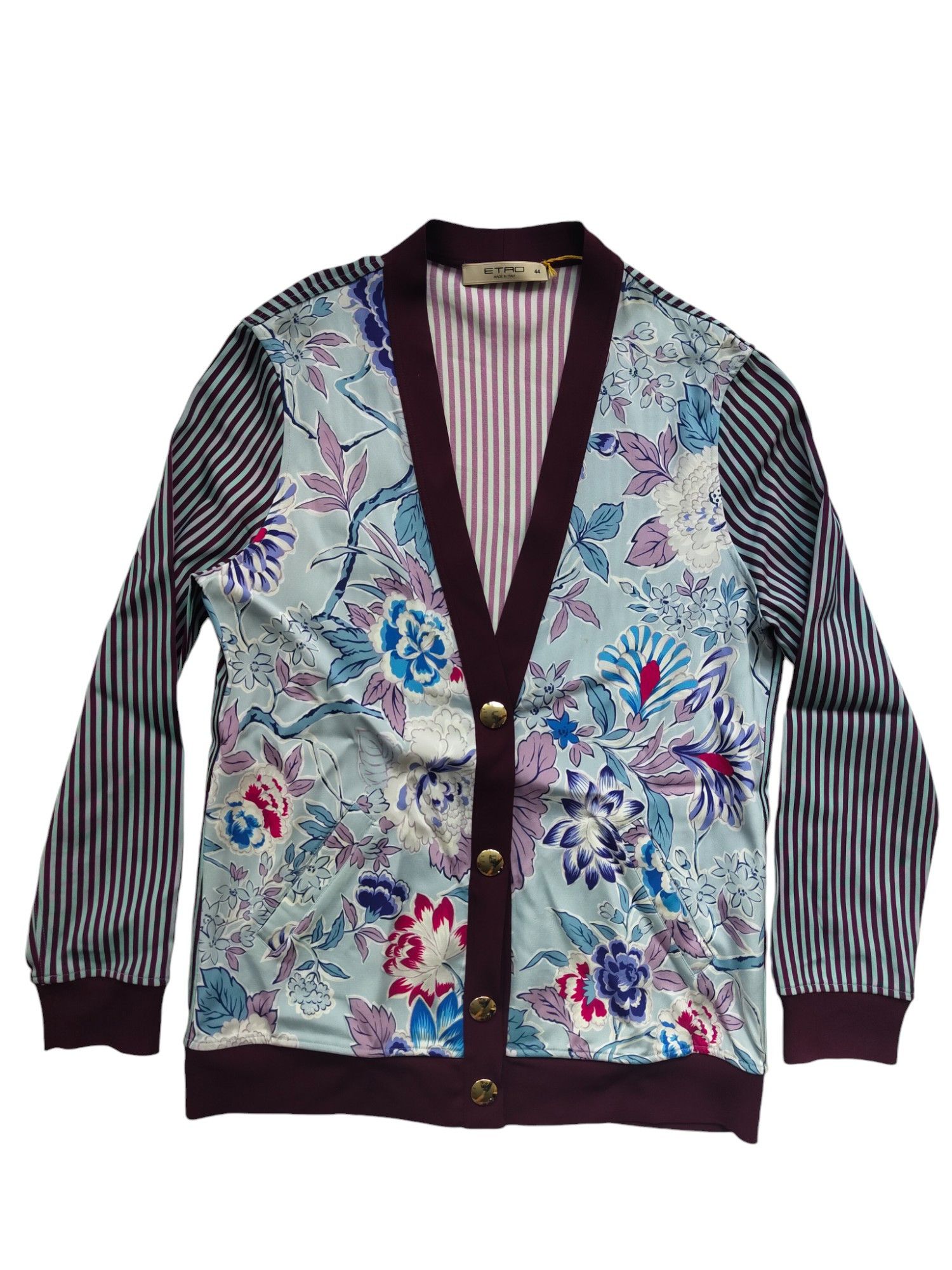 Cardigan With Floral Print Front And Striped Sleeves