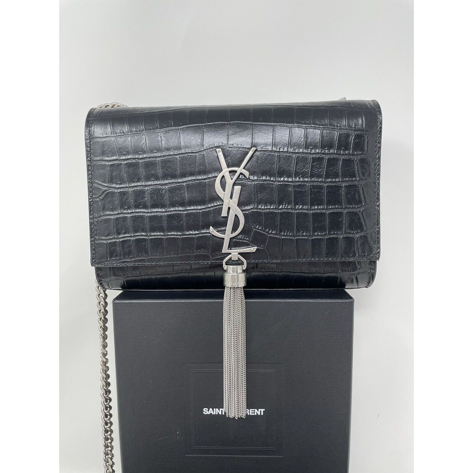 Yves Saint Laurent Calfskin Crocodile Embossed Small Classic Kate Tassel Size ONE SIZE - 17 Thumbnail