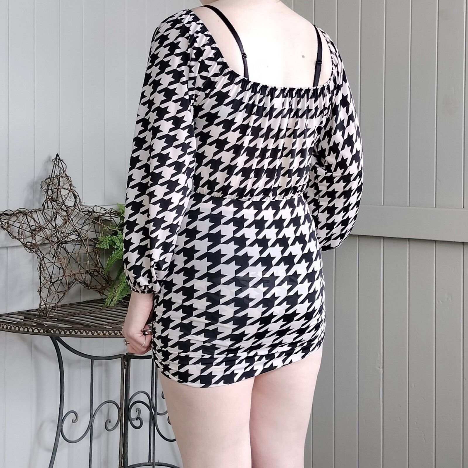 Other Vintage Y2K 2000s Dress Cream Black Mini Bodycon Houndstooth Size M / US 6-8 / IT 42-44 - 3 Thumbnail