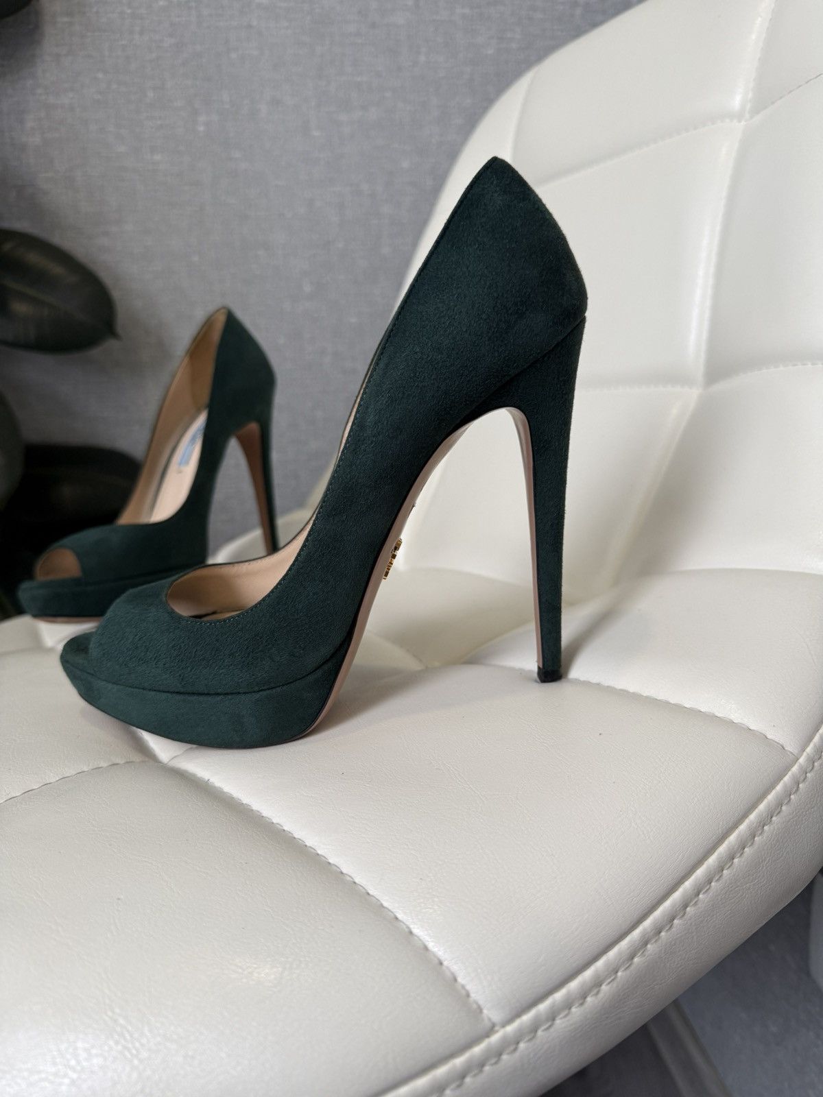 Prada Prada Green Suede Platform Peep Toe Stiletto High Heel Pumps Size US 7.5 / IT 37.5 - 2 Thumbnail