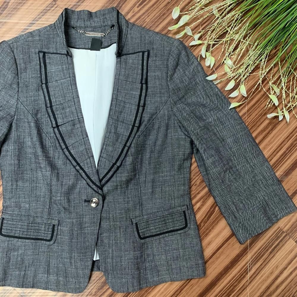 Designer WHBM Charcoal Linen Blend Pleated Blazer Jacket, 6 Size M / US 6-8 / IT 42-44 - 3 Thumbnail