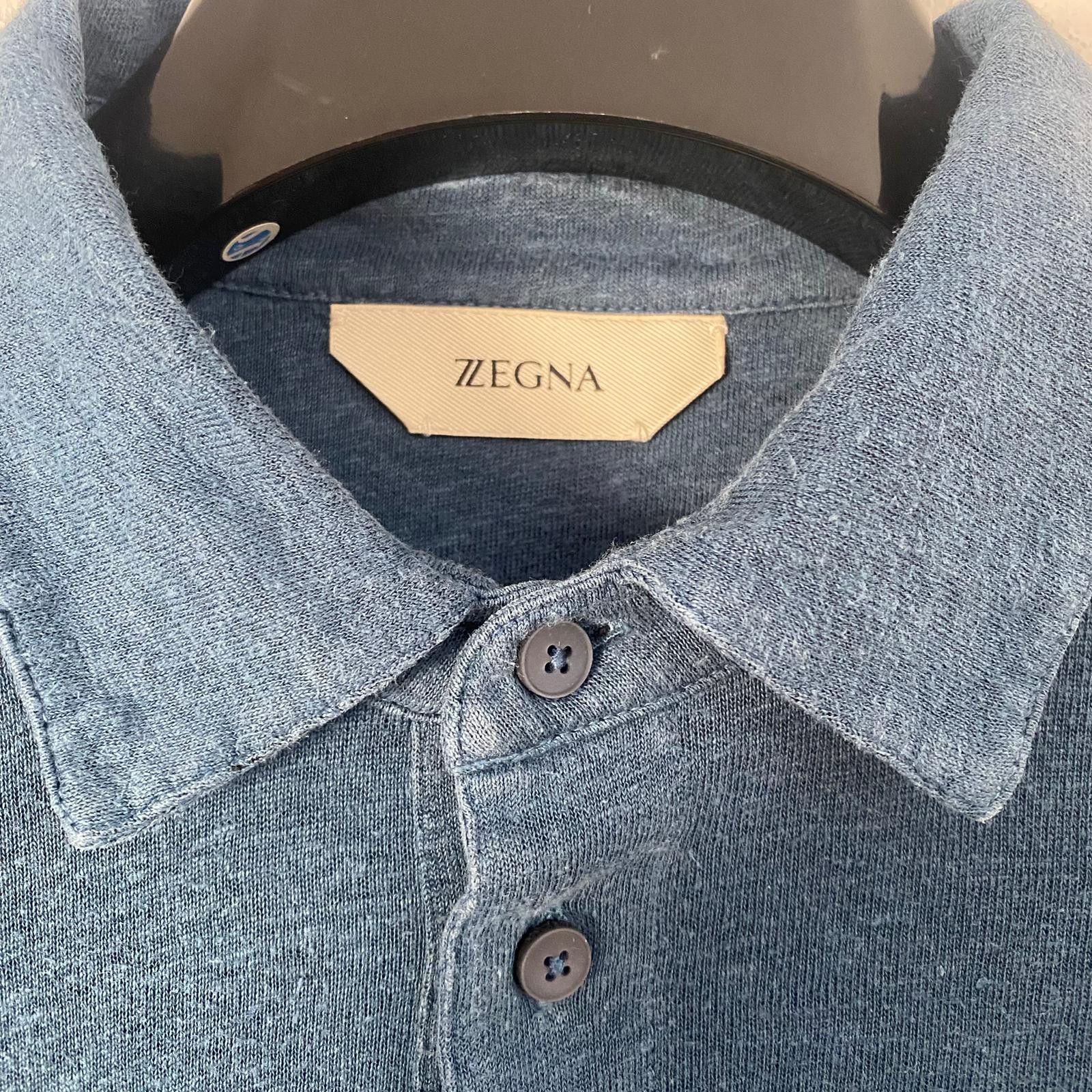 Z Zegna Blue Linen Patch Logo Polo Size US S / EU 44-46 / 1 - 2 Thumbnail
