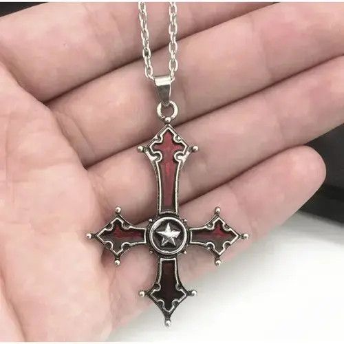 Jewelry Chrome Red Silver Cross Goth God Pendant Necklace Star Demon Size ONE SIZE - 6 Thumbnail