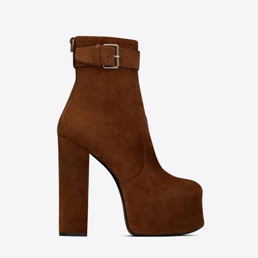 oc11z10524 Cherry Buckle Platform Booties in Suede in Brown