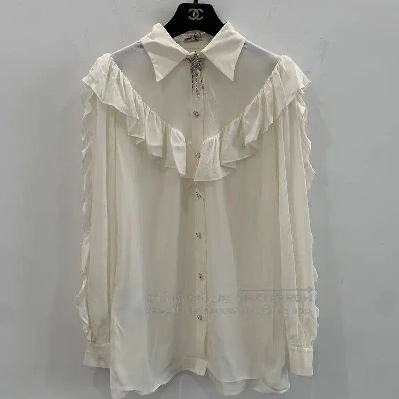 Miu Miu Miu Miu White Silk Ruffled Shirt . Size L / US 10 / IT 46 - 1 Thumbnail