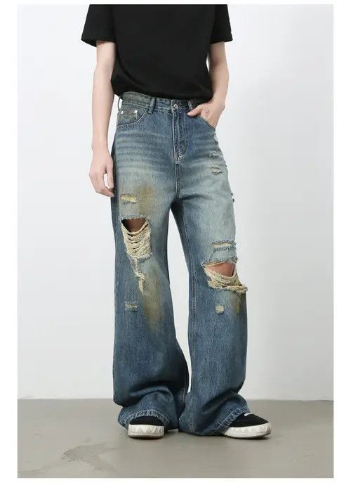VIBE Men's loose straight retro all-match wide-leg ripped jeans Size US 32 / EU 48 - 2 Thumbnail