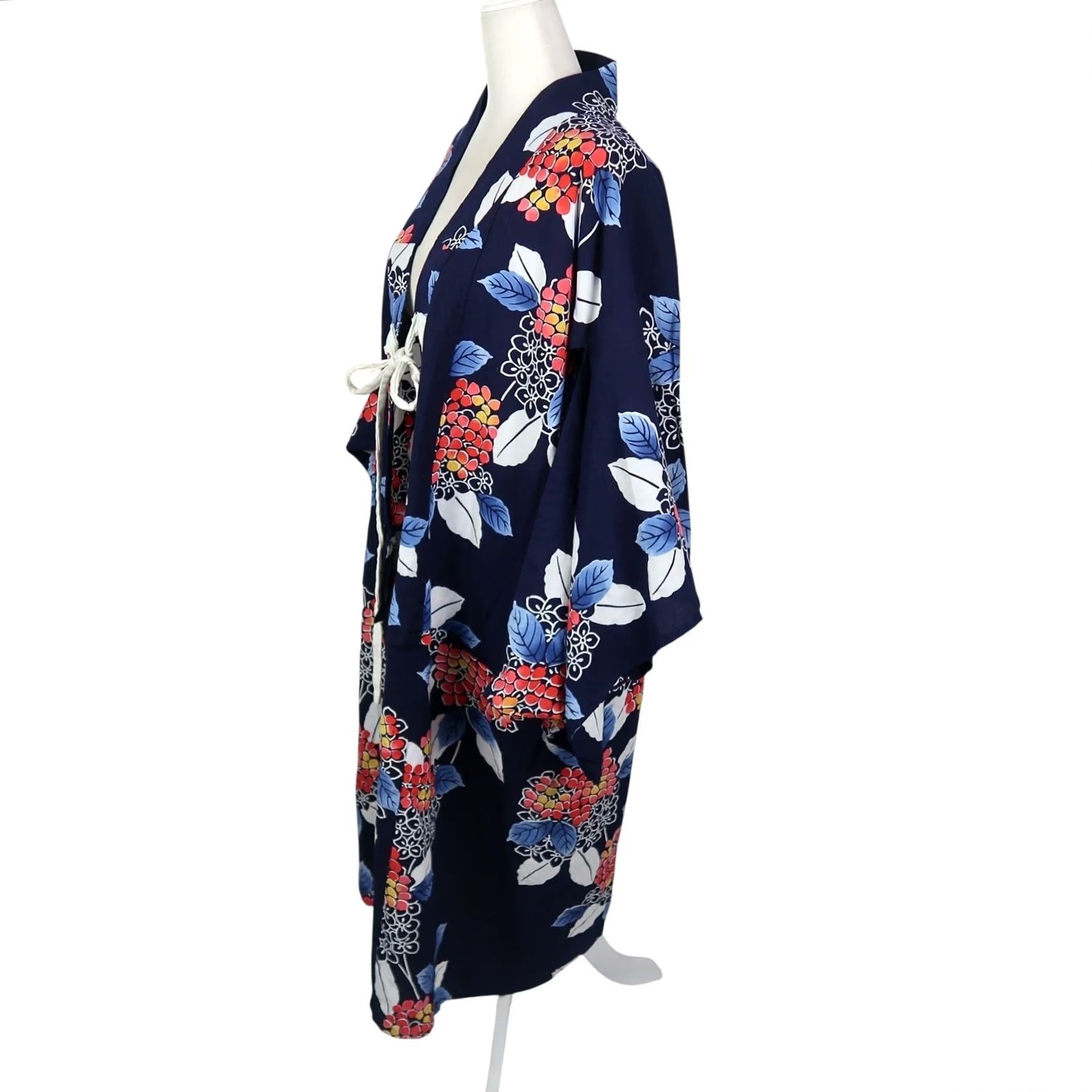 Vintage VINTAGE Navy Blue Floral Cotton Kimono Robe Duster Women One Size Bohemian Size ONE SIZE - 4 Thumbnail