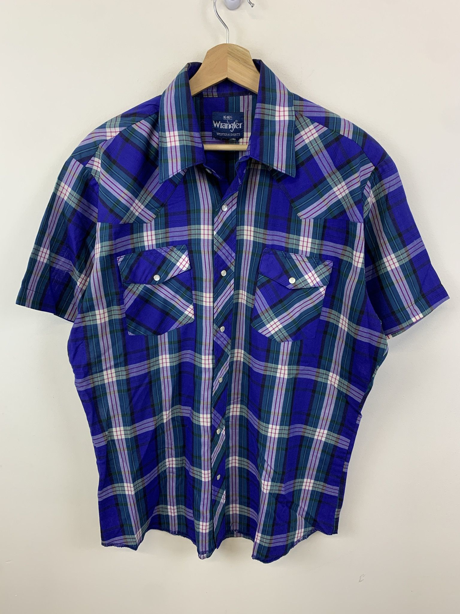 Flannel × Vintage Vintage 90s Wrangler Blue Check Western Pearl Snap Shirt Size L Size US L / EU 52-54 / 3 - 1 Thumbnail
