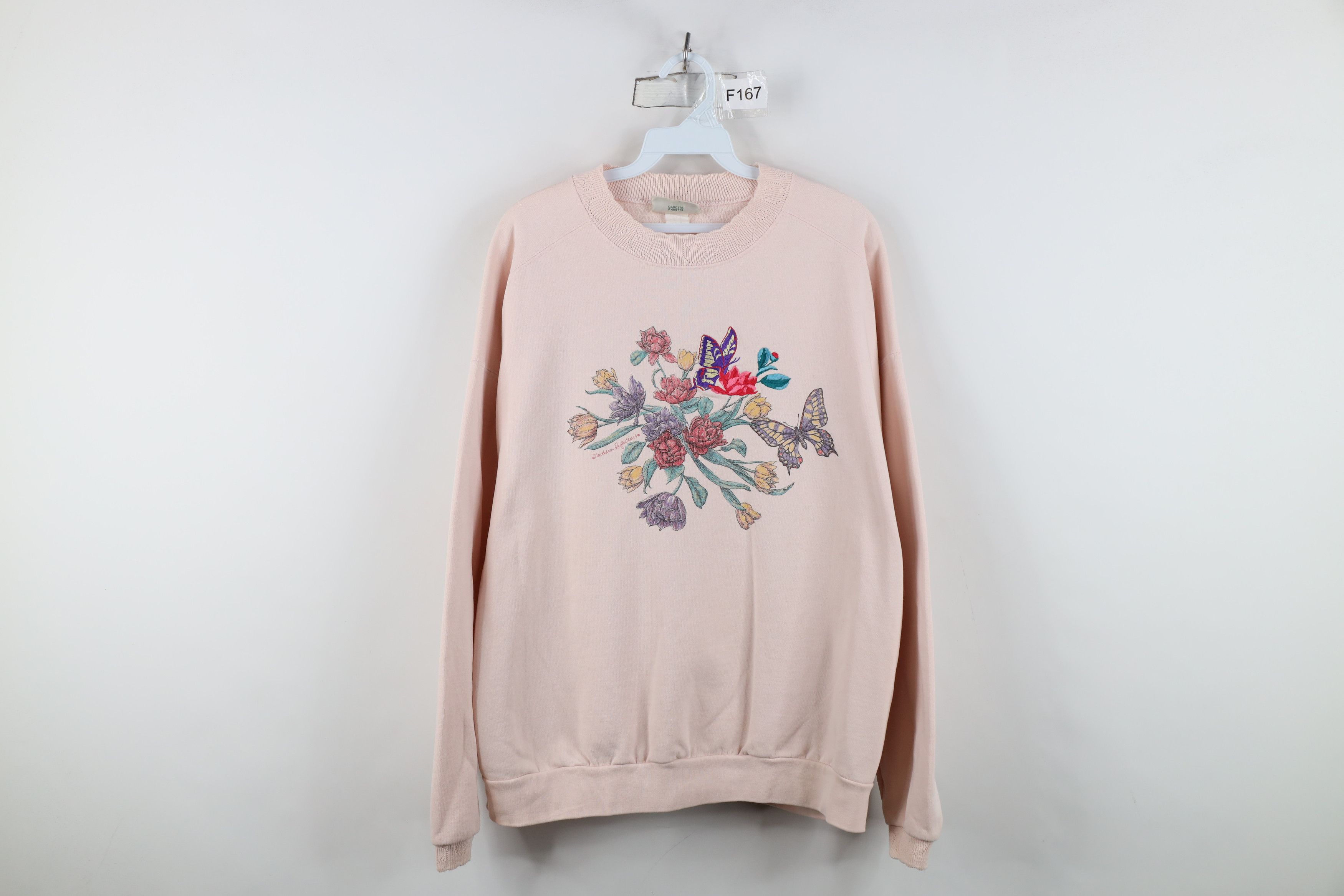 Vintage Vintage 90s Streetwear Butterfly Flower Sweatshirt Pink Size XL / US 12-14 / IT 48-50 - 1 Thumbnail