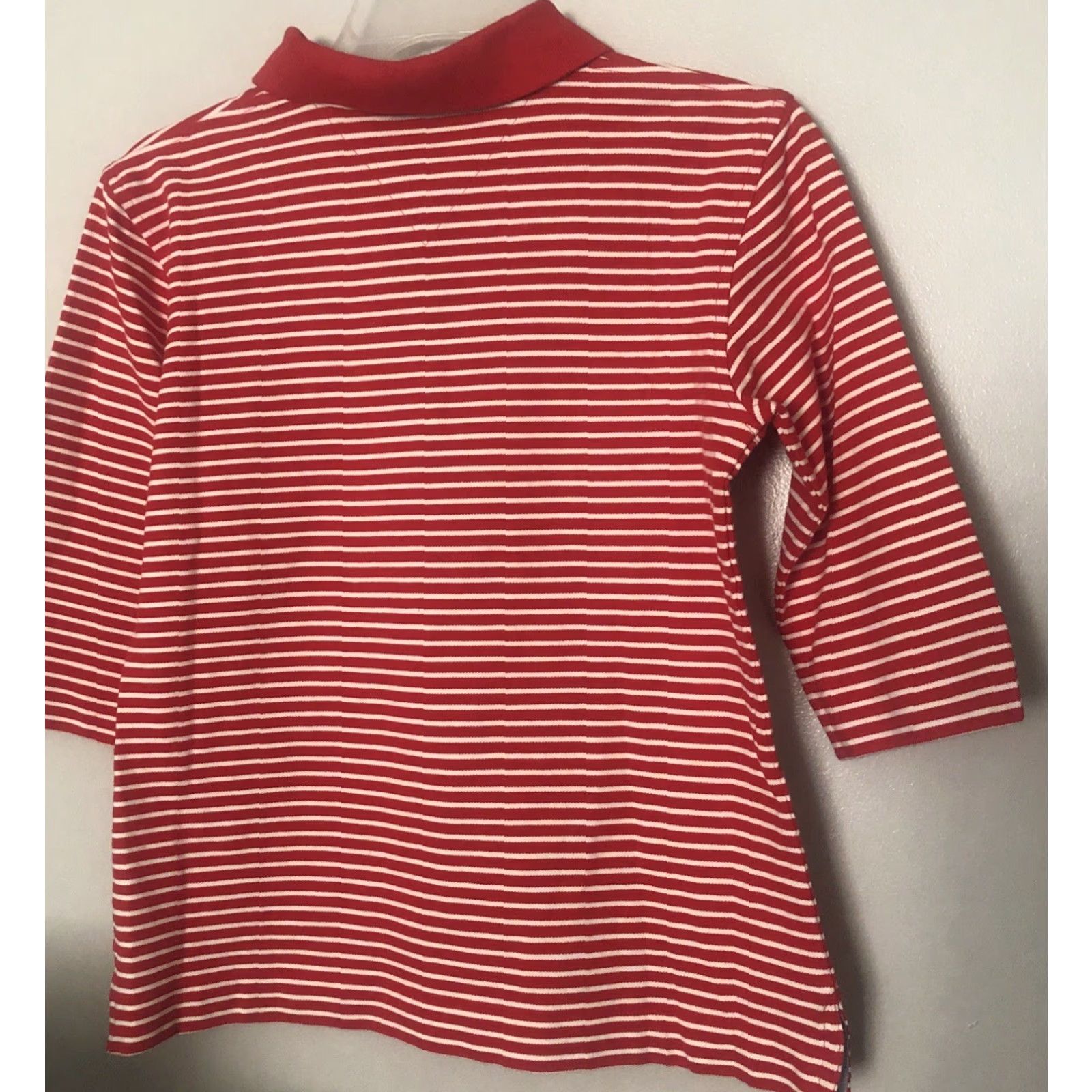Tommy Hilfiger Tommy Hilfiger Womens M Medium Red Stripe 3/4 Sleeve Polo Shirt Casual Top Knit Button Hem Regular Womens Size M / US 6-8 / IT 42-44 - 4 Thumbnail