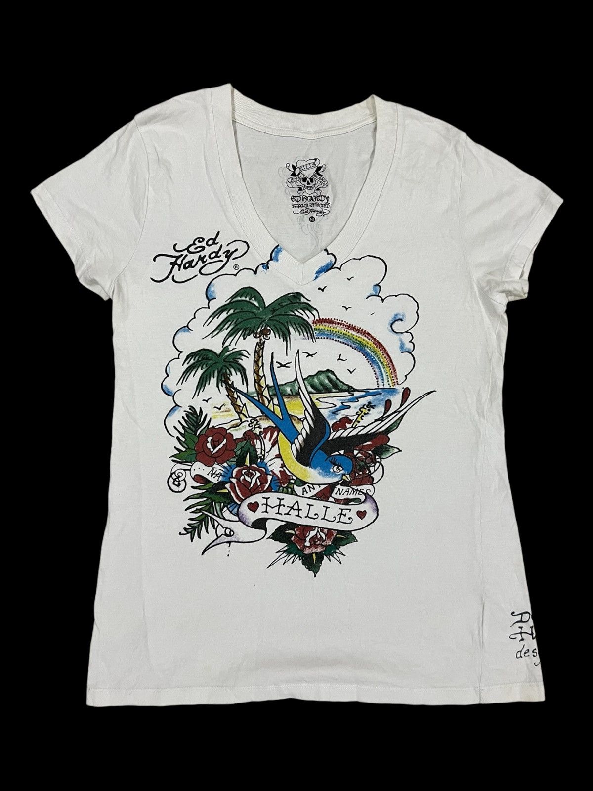 Christian Audigier × Ed Hardy Y2K Ed Hardy 🇯🇵 Ltd Swallow Graphic Swarovski V Neck Shirt Size M / US 6-8 / IT 42-44 - 1 Thumbnail