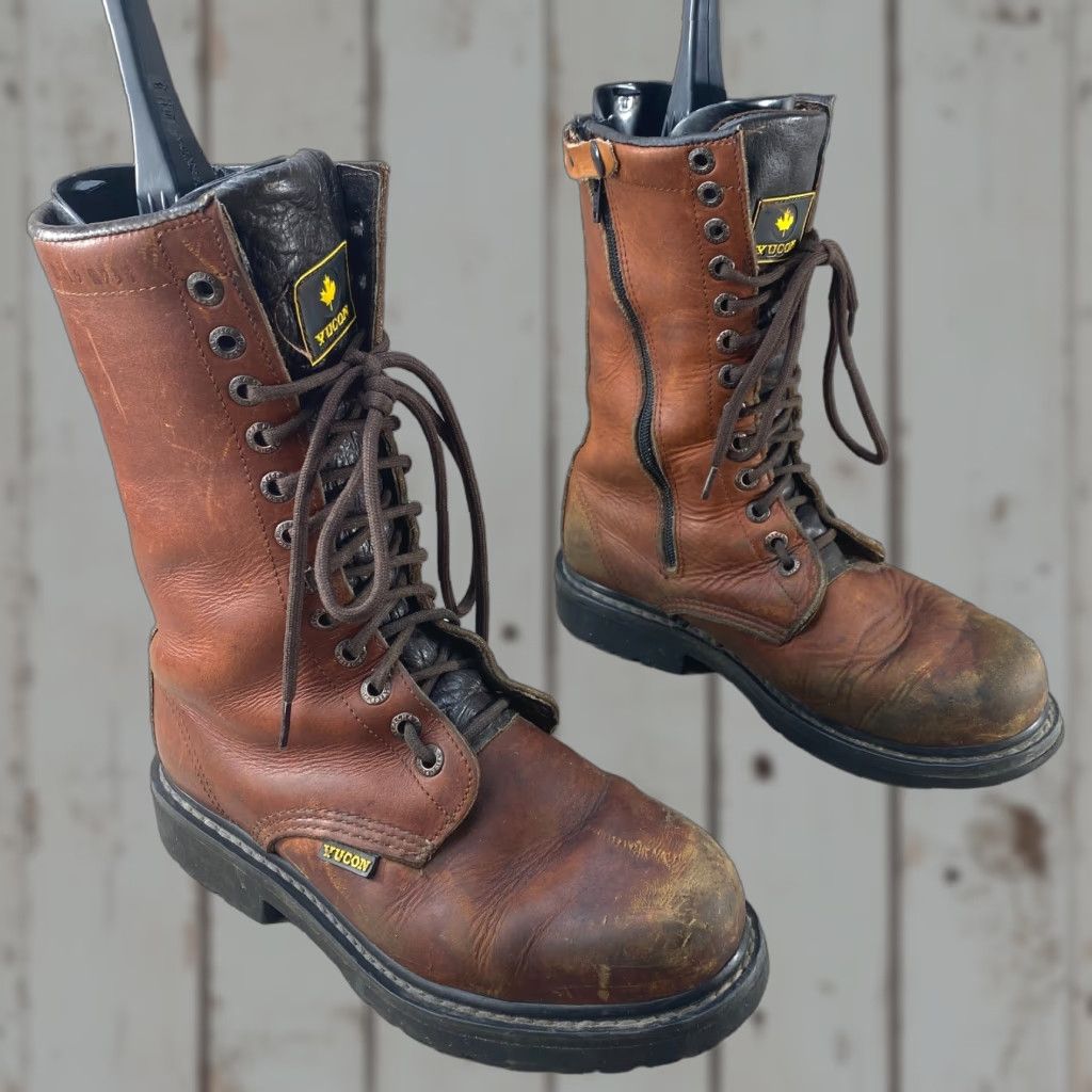 Vintage Purepecha Boots Mens Size 8 Brown Leather Lace Up Side Zipper Work Combat Size US 8 / EU 41 - 1 Thumbnail