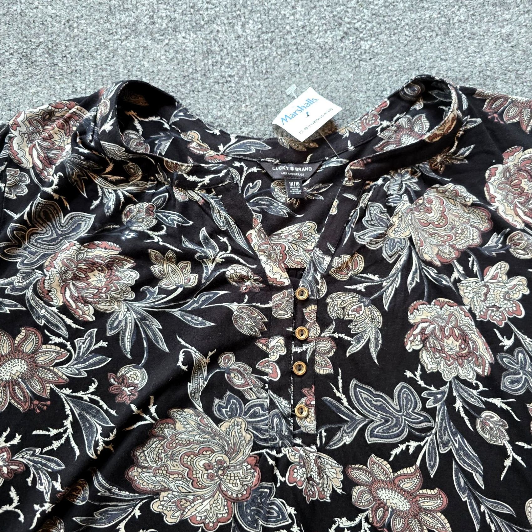 Lucky Brand Lucky Brand Top Womens 1X Black Beige Floral V Neck 3/4 Sleeve Boho Casual Blouse Womens Size XL / US 12-14 / IT 48-50 - 2 Thumbnail