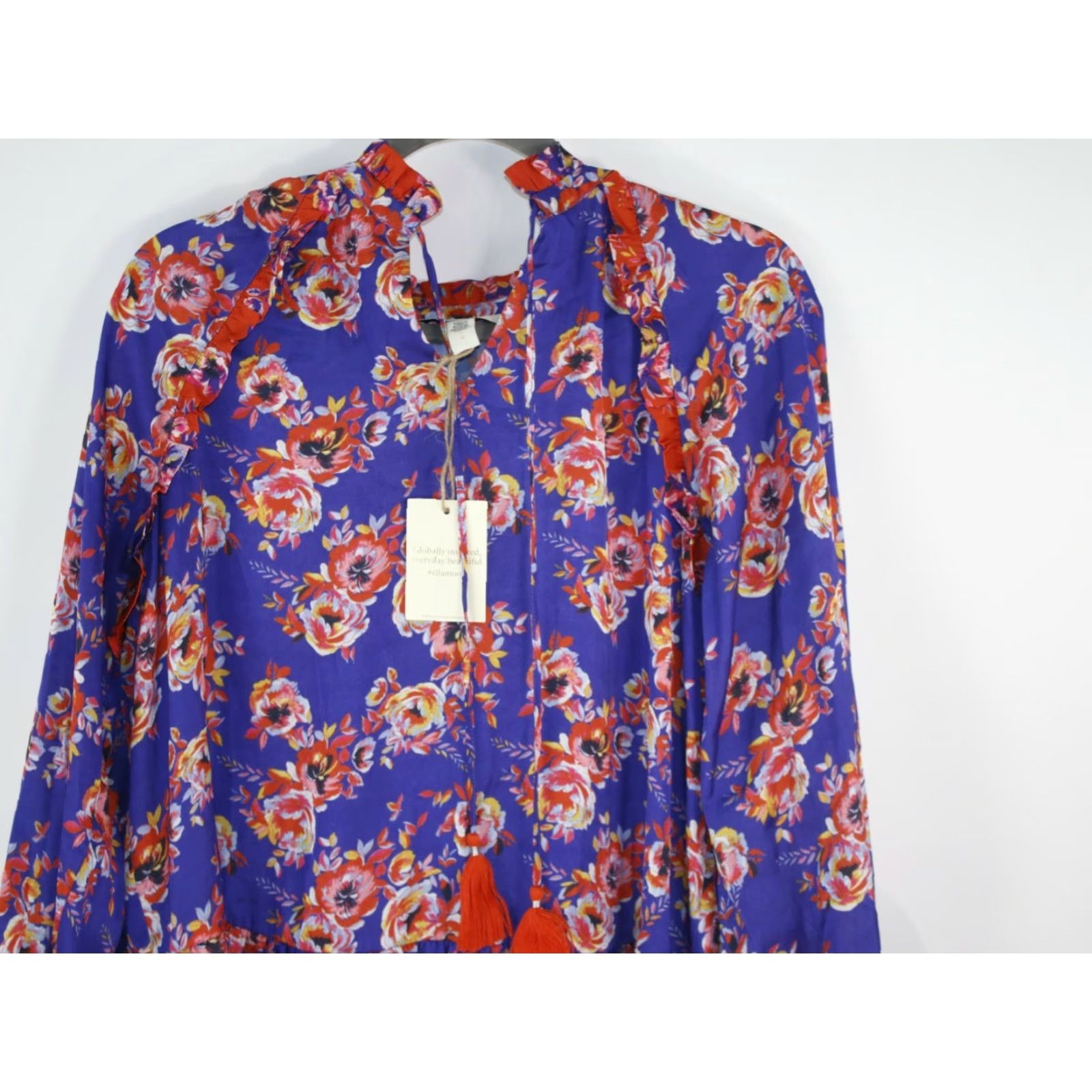 Vintage Ella Moon Blue Midi Dress Womens Floral Tie Neck Peplum Hem A-Line Flutter Sleeve Size L NWT Size L / US 10 / IT 46 - 3 Thumbnail