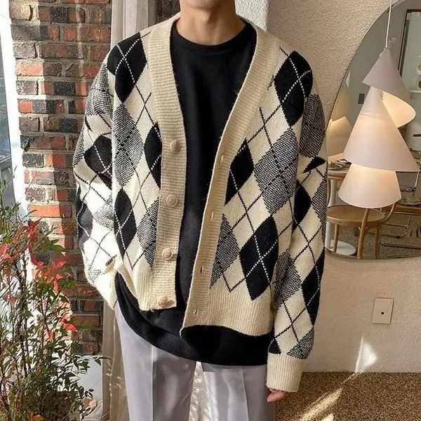 VIBE Argyle Graphic Knit Cardigan Sweater Size US M / EU 48-50 / 2 - 1 Thumbnail