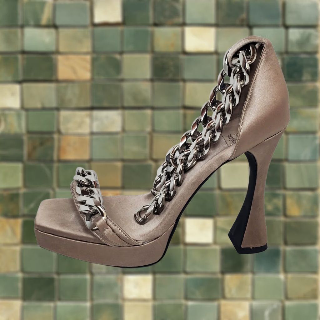 Jeffrey Campbell Jeffrey Campbell Silverlake Platform Shoes Taupe Satin 9.5 Womens Square Toe Spool Heel Big Ankle Chain 90s Punk Designer City Brown Size US 10 / IT 40 - 1 Thumbnail
