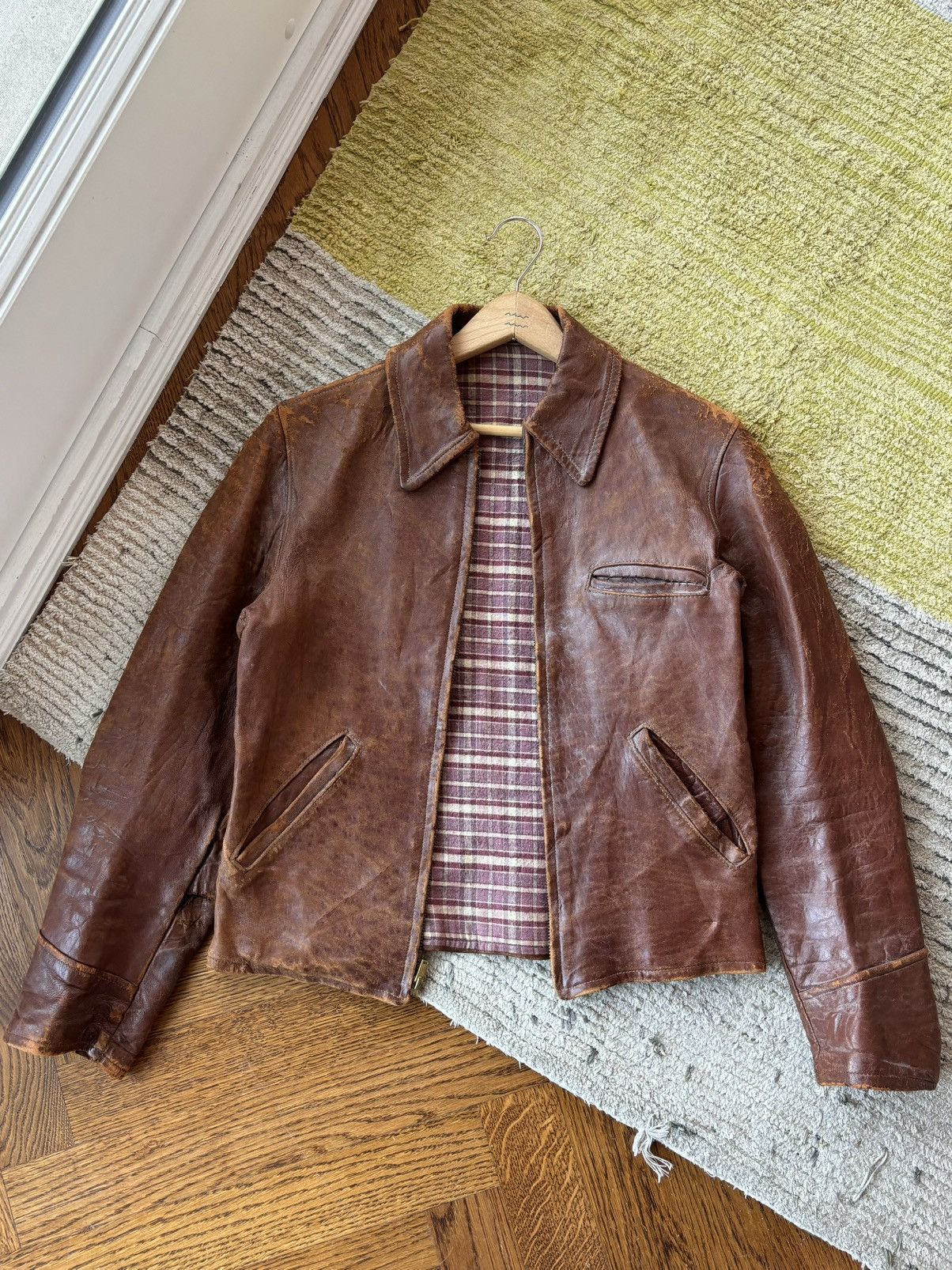 image of 1940S Leather Jacket True Vintage Trucker Distressed Type 2 in Brown, Men's (Size XS)