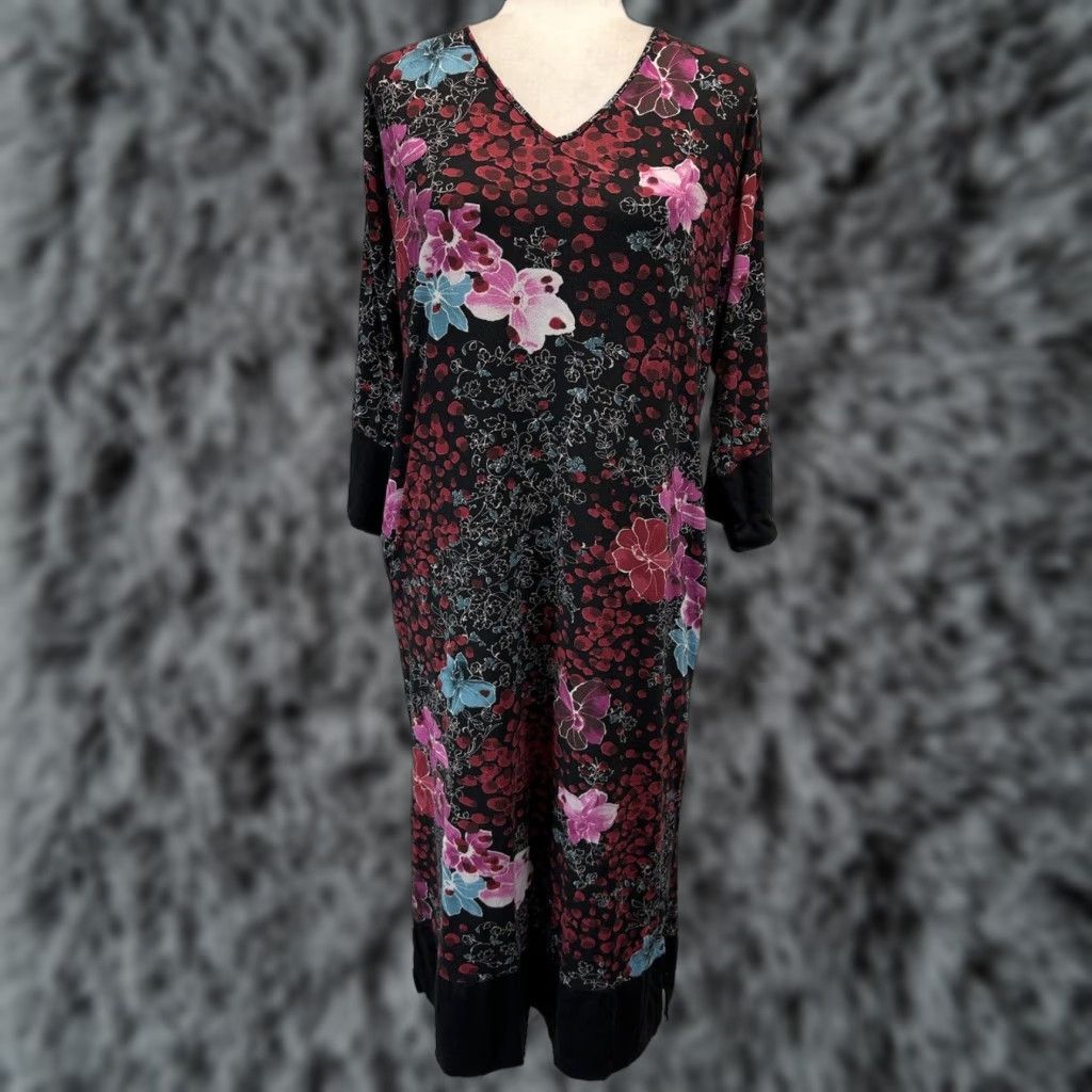 Vintage Natori Women's Midi Dress Sz Small 4 6 Floral Geisha V-Neck Sleep Shirt Stretch Pockets Size S / US 4 / IT 40 - 1 Thumbnail