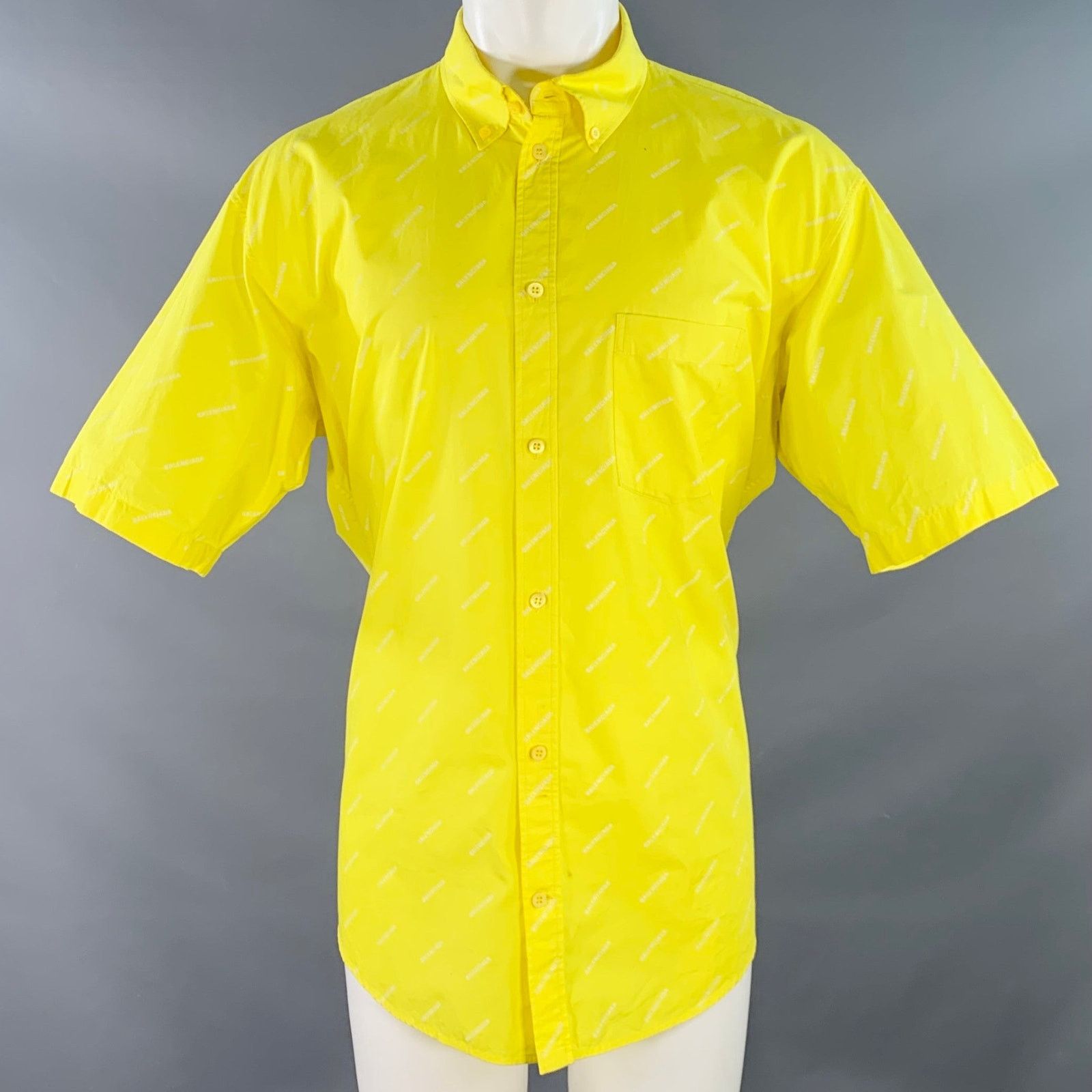 Balenciaga Yellow White Logo Cotton Button Down Collar Oversized Shirt Size US M / EU 48-50 / 2 - 1 Thumbnail