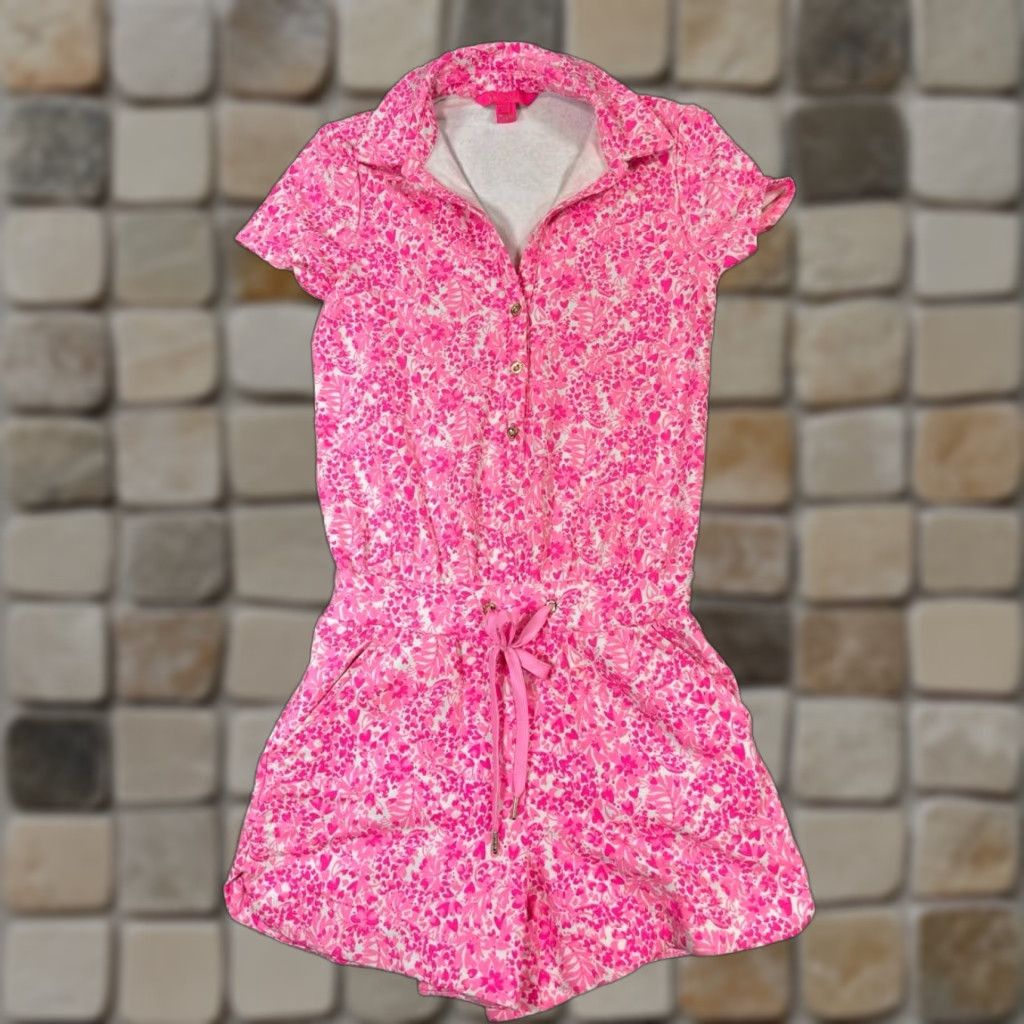 Lilly Pulitzer Romper Womens 2XS Floral Pink Sleeveless Short Sleeve Cotton V-Neck Elastic Waist Ruffle One-Piece Summer Spring Casual Womens