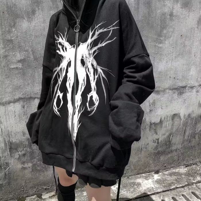 Japanese Brand Gothic Graphic Full Zip Black Hoodie, Grunge Punk Size US M / EU 48-50 / 2 - 3 Thumbnail