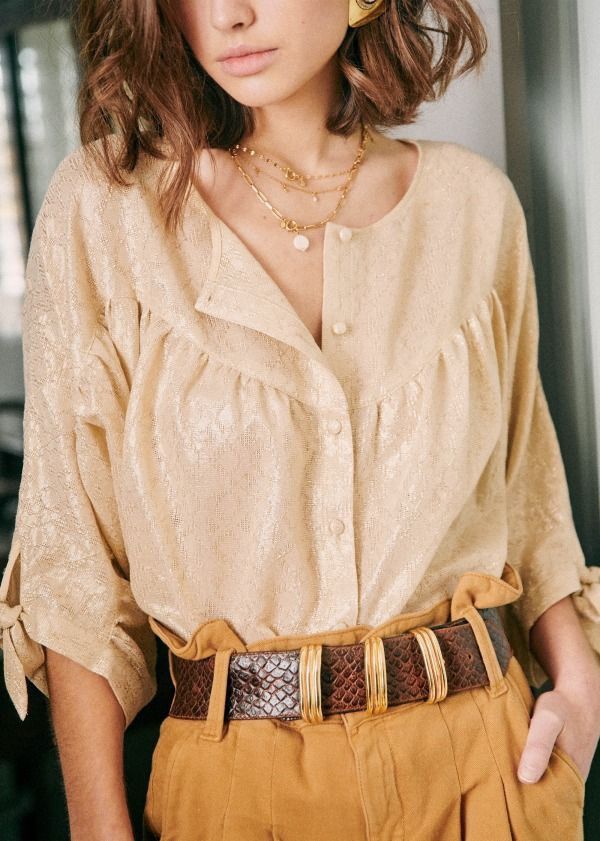 Sezane NWT Sezane Cristina Cotton Gold Metallic Ruched Blouse Size M / US 6-8 / IT 42-44 - 3 Thumbnail