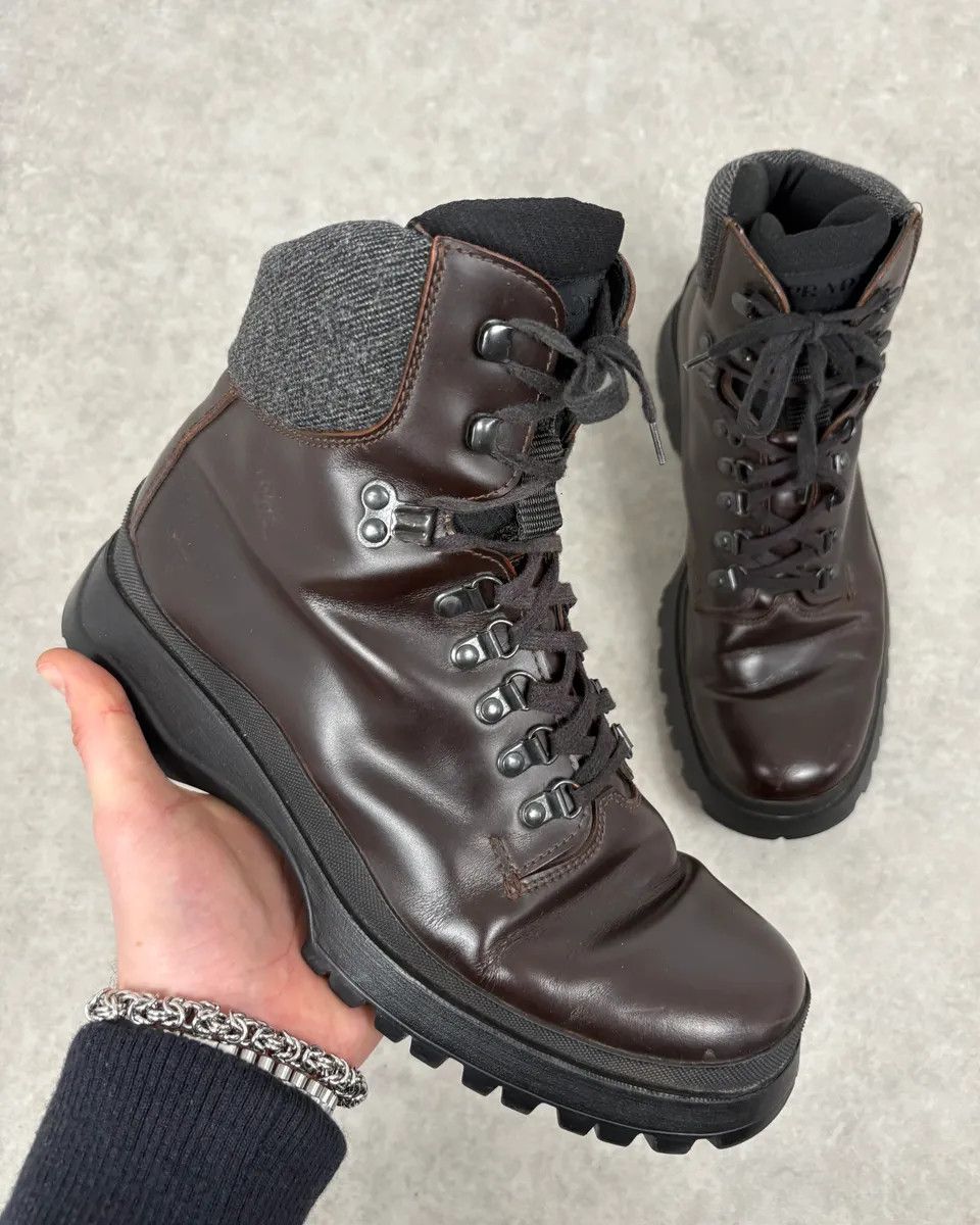 Prada 2000s Prada Brown High Leather Chunky Vibram Sole Boots Size US 10 / EU 43 - 1 Thumbnail