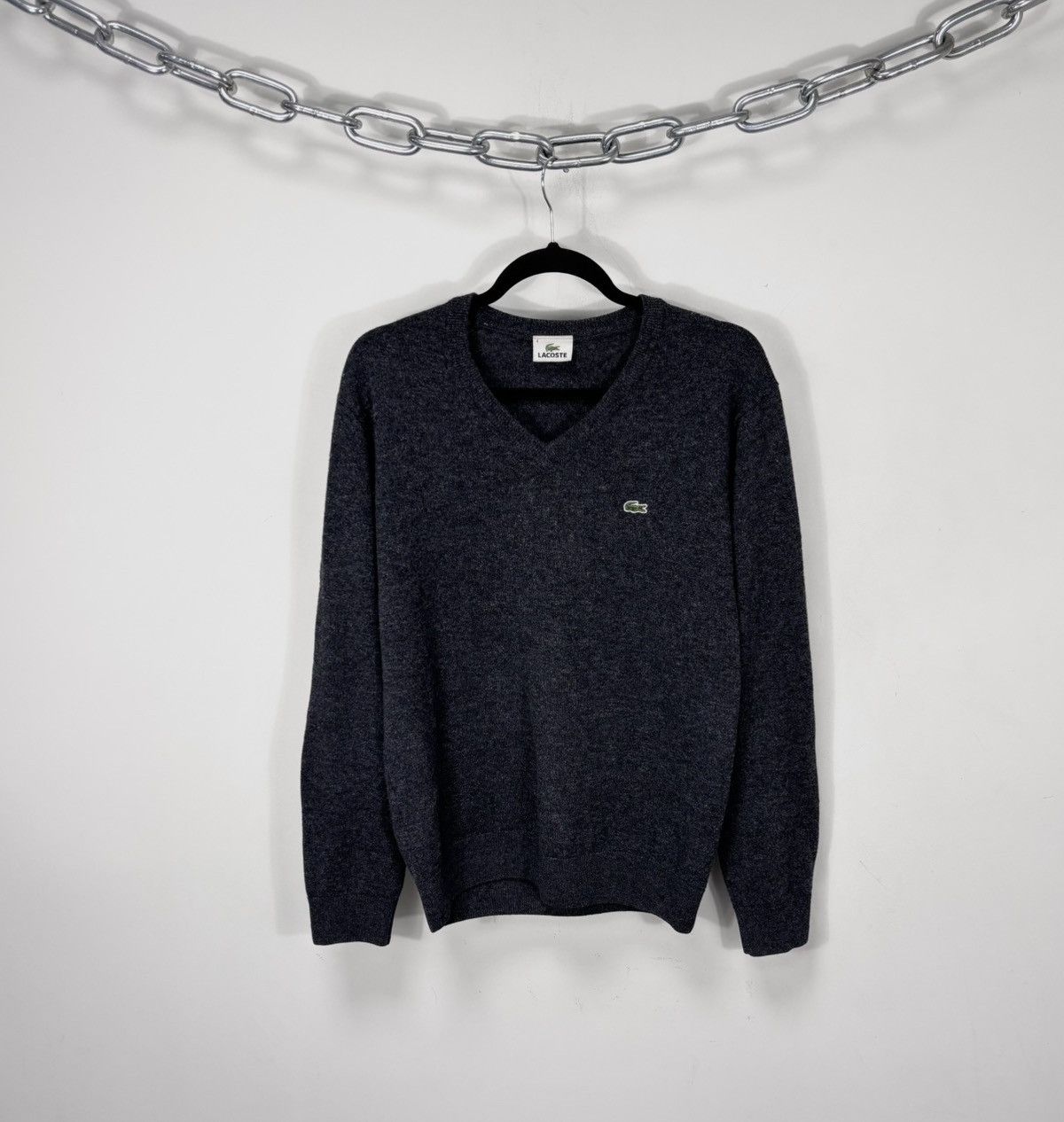 Lacoste Vintage Lacoste Men’s Dark Charcoal Grey Wool V-Neck Sweater Size US M / EU 48-50 / 2 - 1 Thumbnail