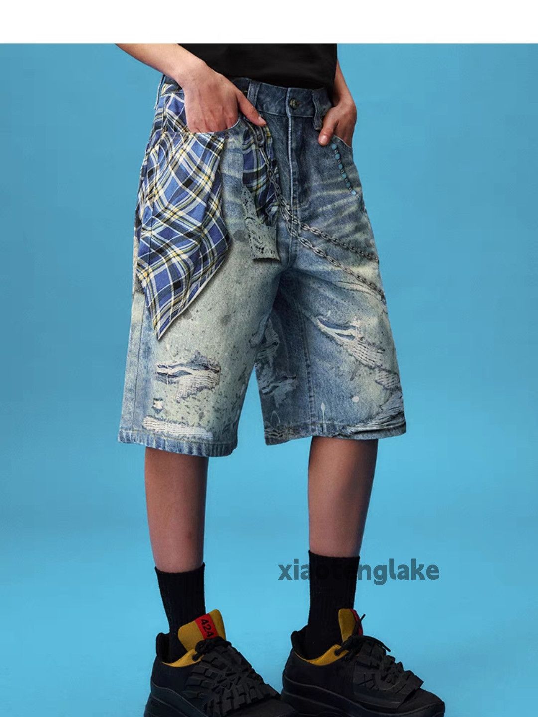 Jean Unisex washed faded loose baggy print dance shorts Size US 30 / EU 46 - 3 Thumbnail