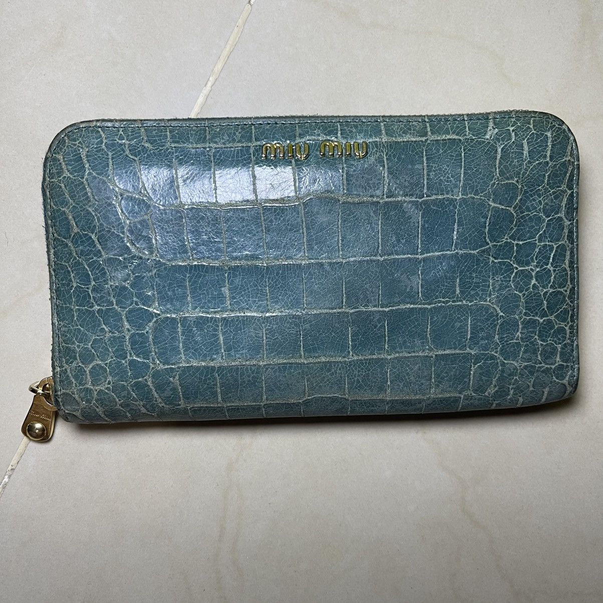Miu Miu Miu Miu Blue Croc Embossed Leather Zip Around Wallet Size ONE SIZE - 4 Thumbnail