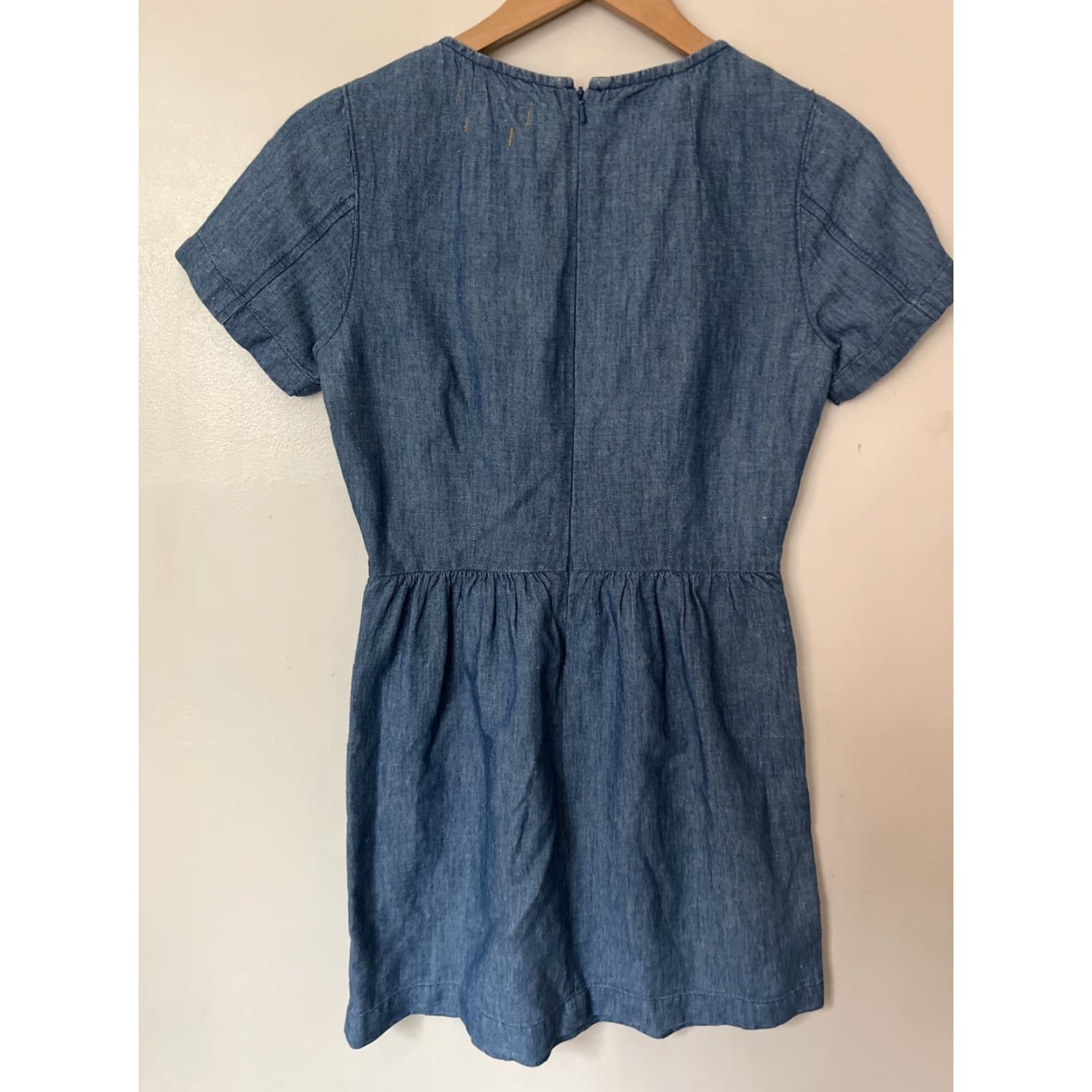 Madewell Dress Chambray Blue Scoop Neck Cotton Linen Pockets Women Fit &  Flare 0 Dress Knee