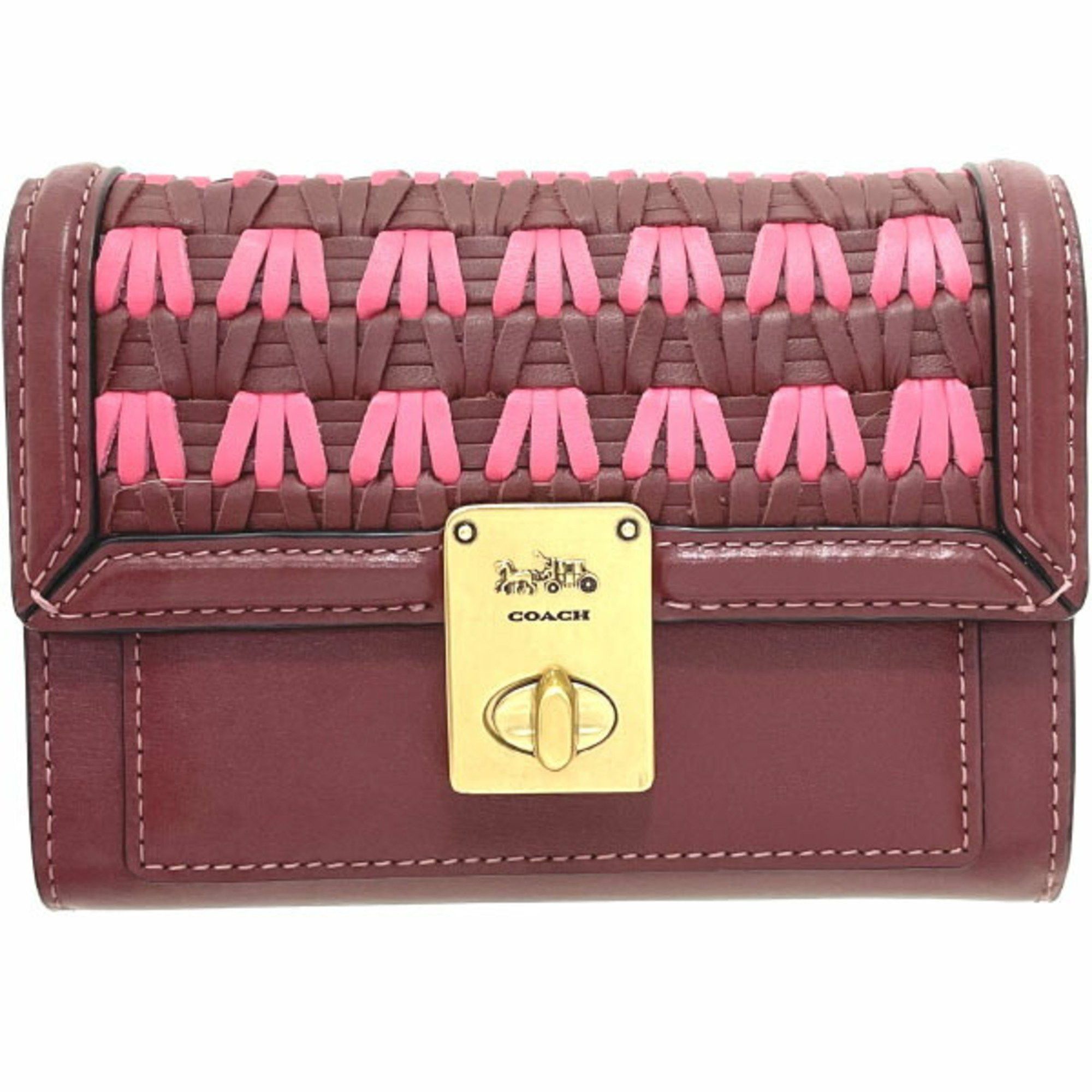 image of Coach Wallet Hutton With Weaving Leather Burgundy 804 Coach Bi-Fold L-Shaped Compact Outlet Hutton 