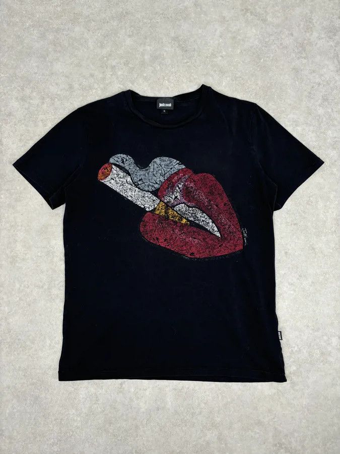 Just Cavalli Cavalli Black Cotton T-Shirt Graphic Lips Print Size S Size US M / EU 48-50 / 2 - 1 Thumbnail