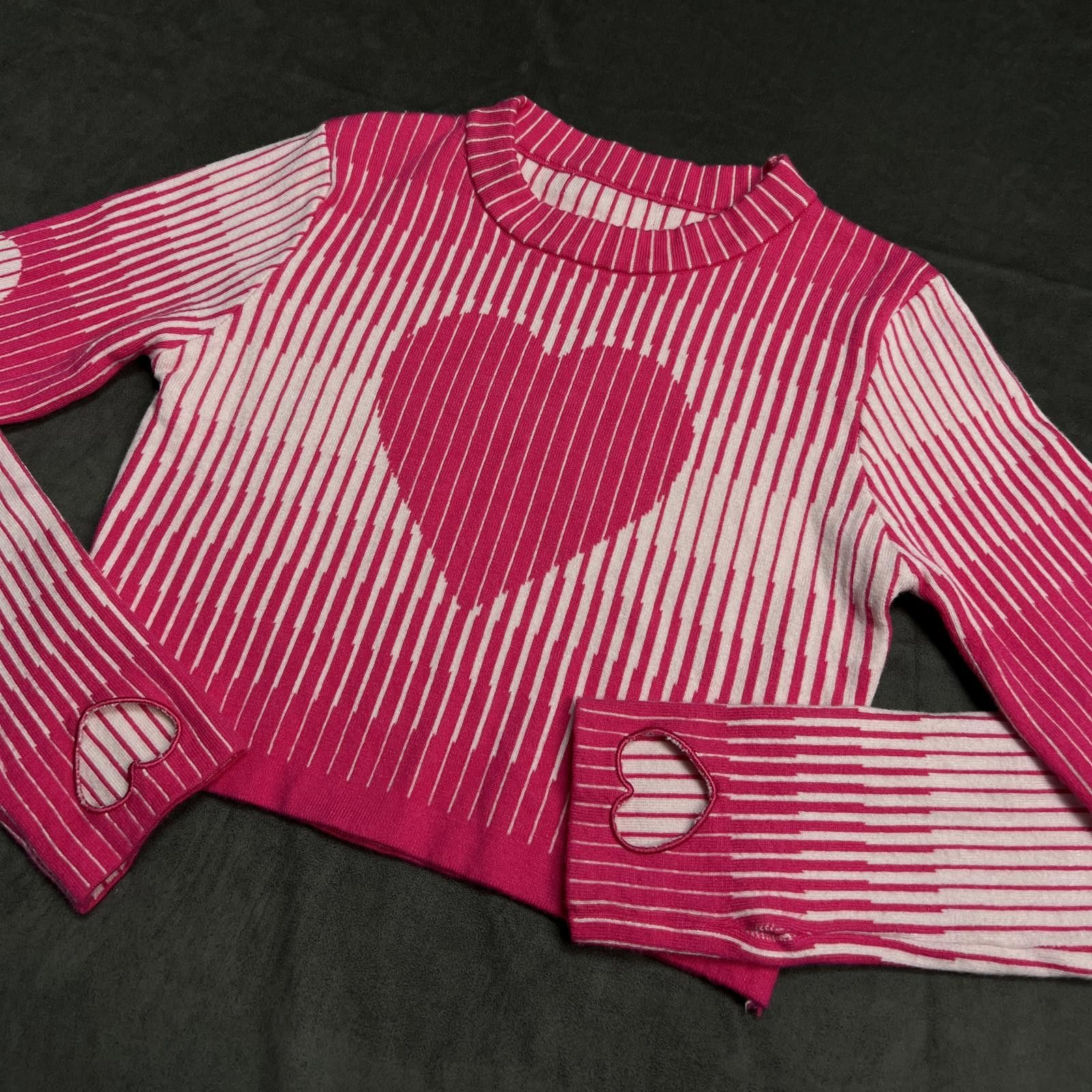 Japanese Brand Pink White Striped Heart Crop Jumper – Kawaii Y2K Aesthetic Size ONE SIZE - 4 Thumbnail