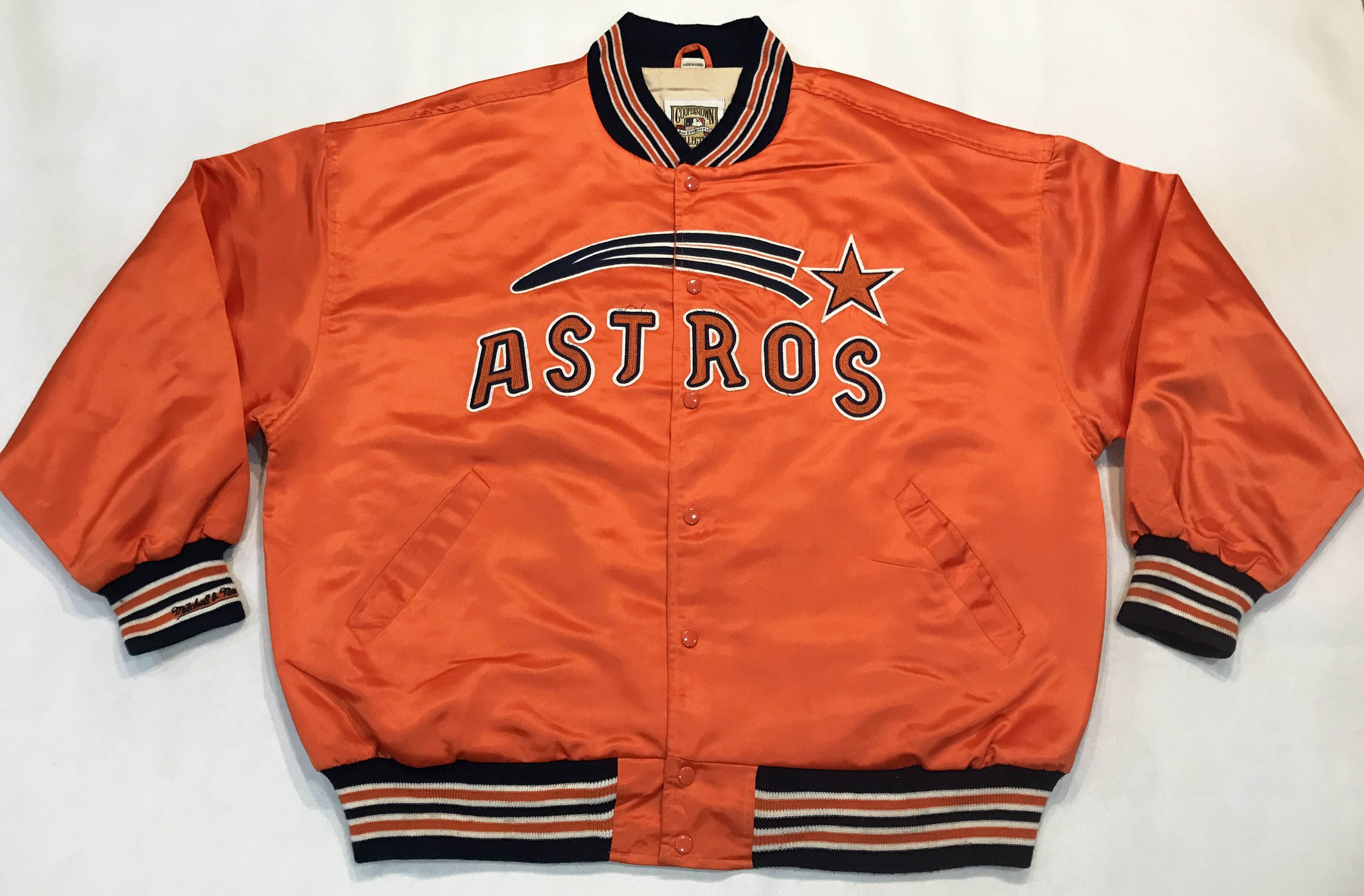 image of Mitchell Ness x Vintage Mitchell & Ness Mlb Houston Astros Satin Bomber Jacket in Orange (Size 2XL)