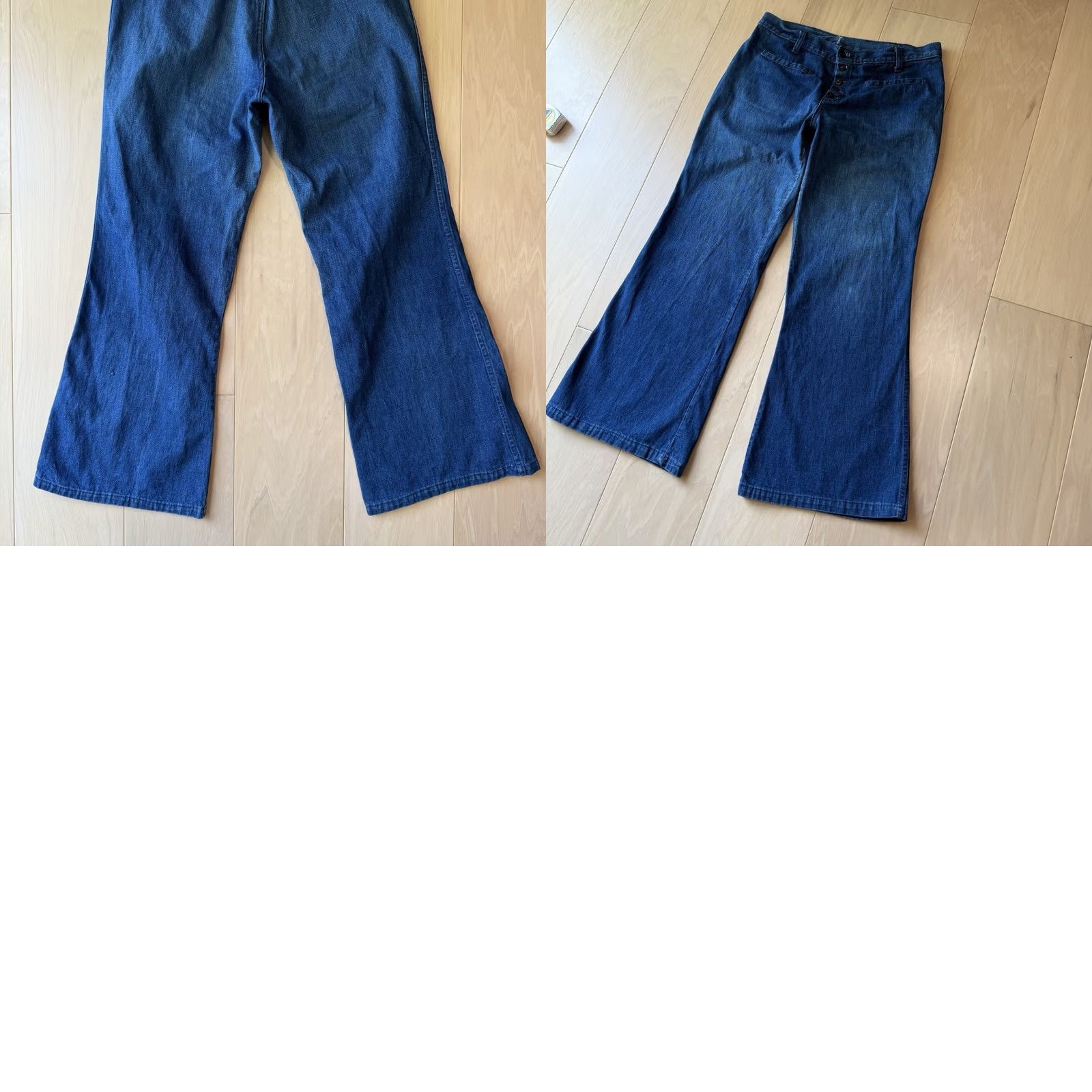 Vintage VINTAGE Navy Flare Pants 31 Blue Dark Wash 70s Military Seafarer Button Fly USA Size 24" / US 00 / IT 34 - 8 Thumbnail