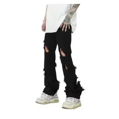 Jean Black Distressed Stacked Denim Jeans Size US 30 / EU 46 - 3 Thumbnail